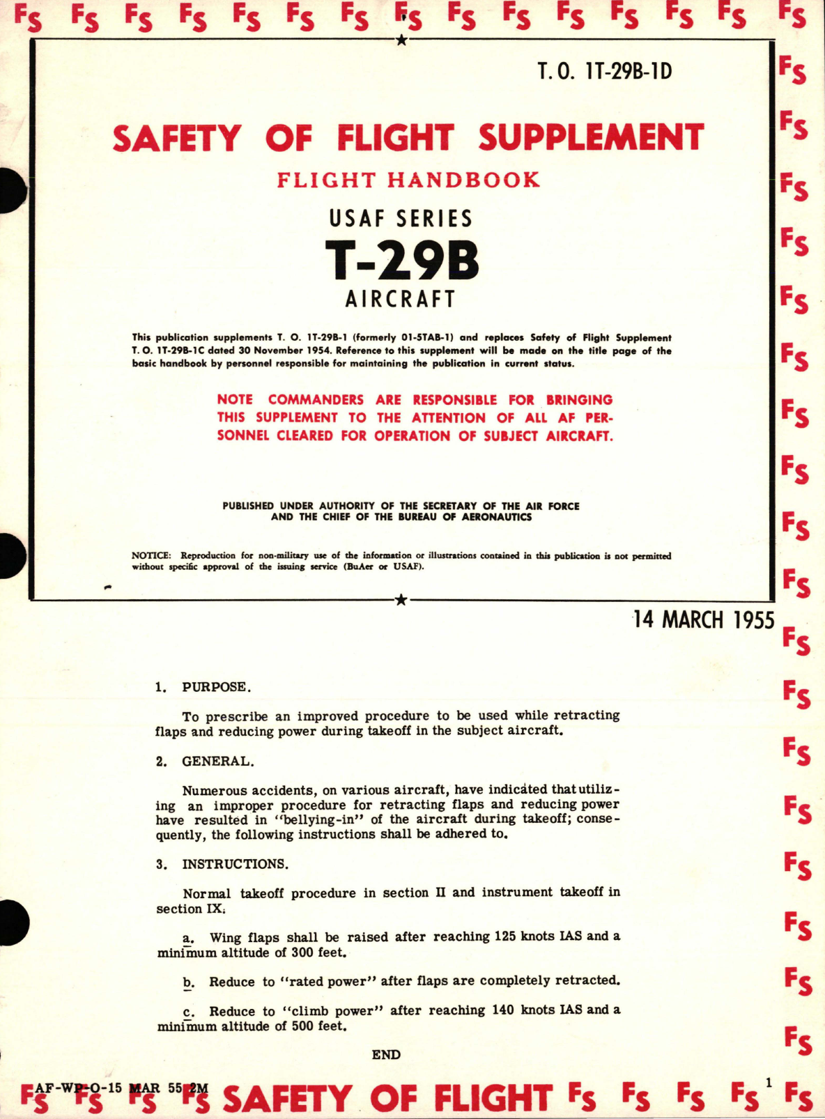 Sample page 1 from AirCorps Library document: Safety of Flight Supplement for T-29B