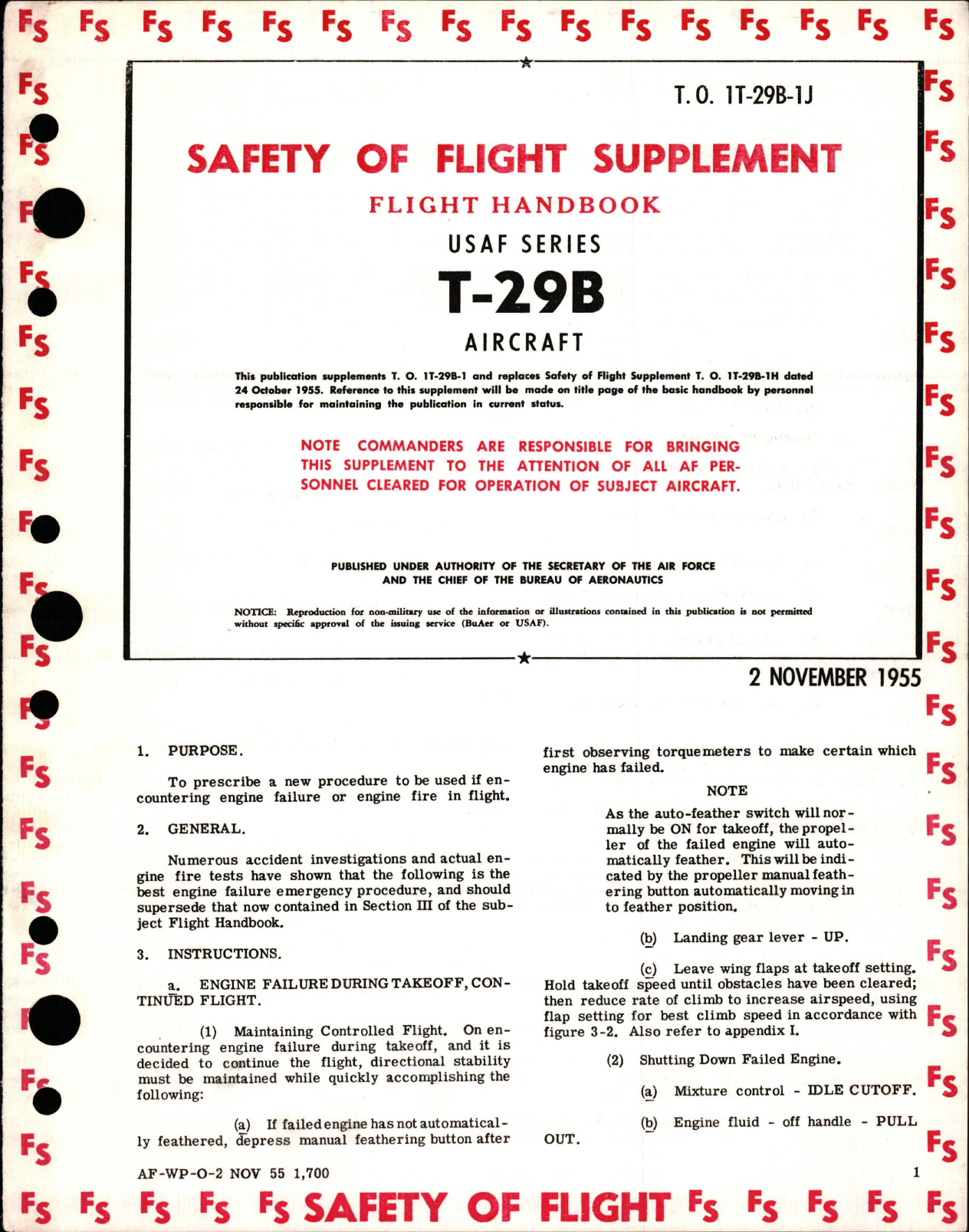 Sample page 1 from AirCorps Library document: Safety of Flight Supplement for T-29B