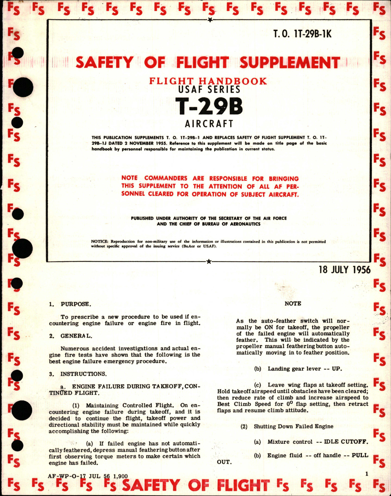 Sample page 1 from AirCorps Library document: Safety of Flight Supplement for T-29B