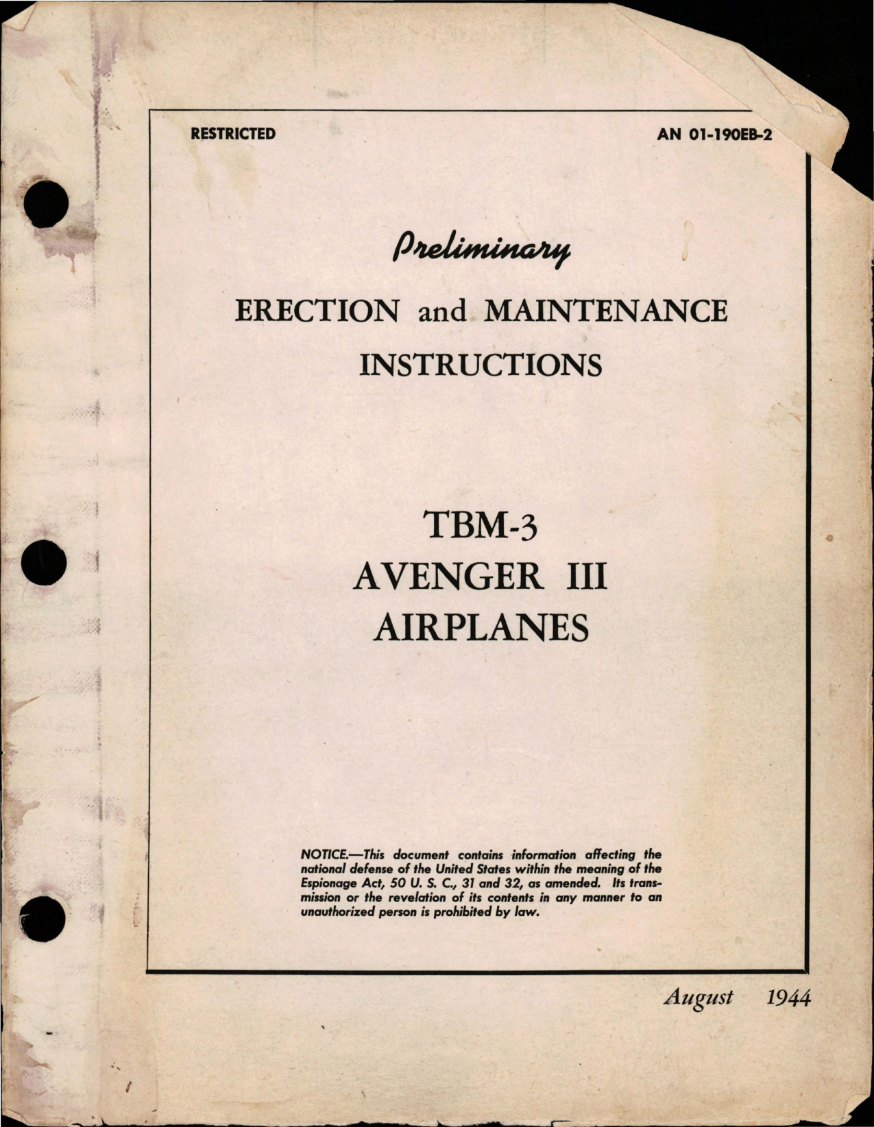 Sample page 1 from AirCorps Library document: Erection and Maintenance Instructions for TBM-3 Avenger III