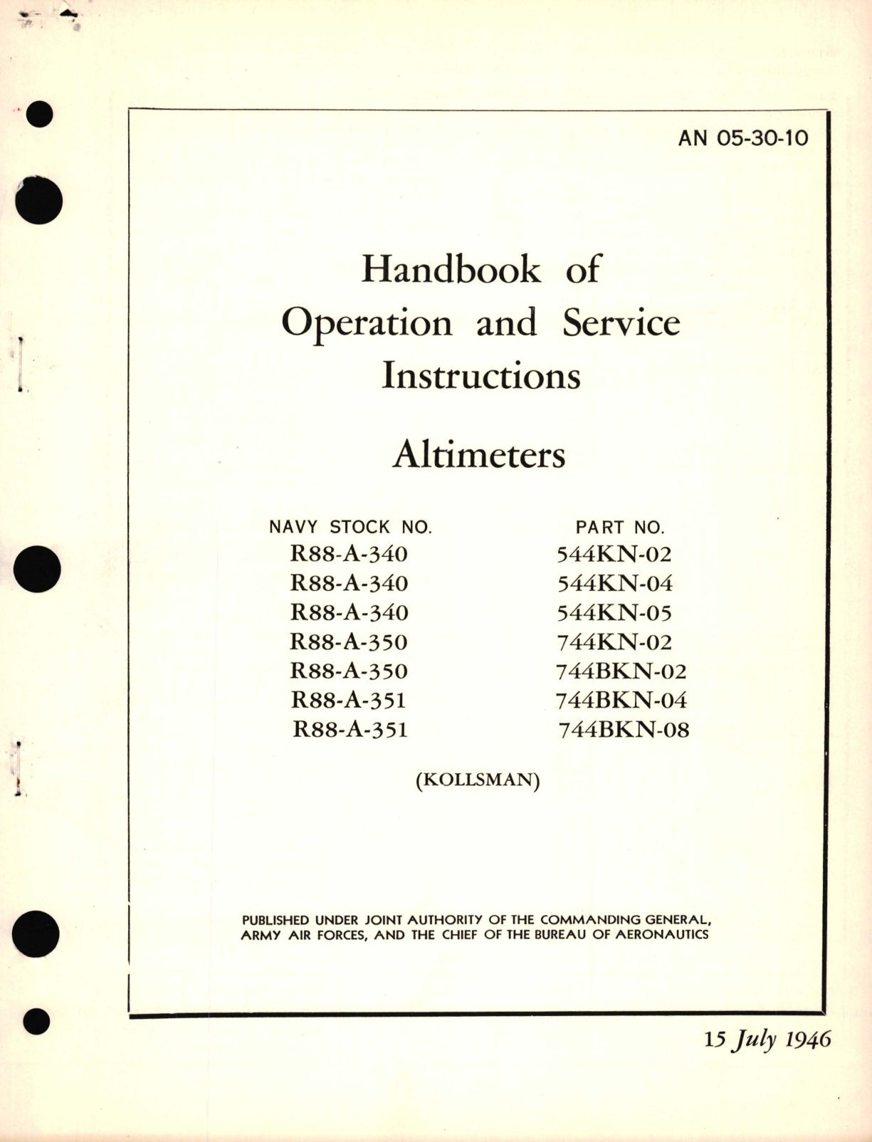 Sample page 1 from AirCorps Library document: Operation and Service Instructions for Altimeters Part No. 544KN, 744KN, 744BKN 