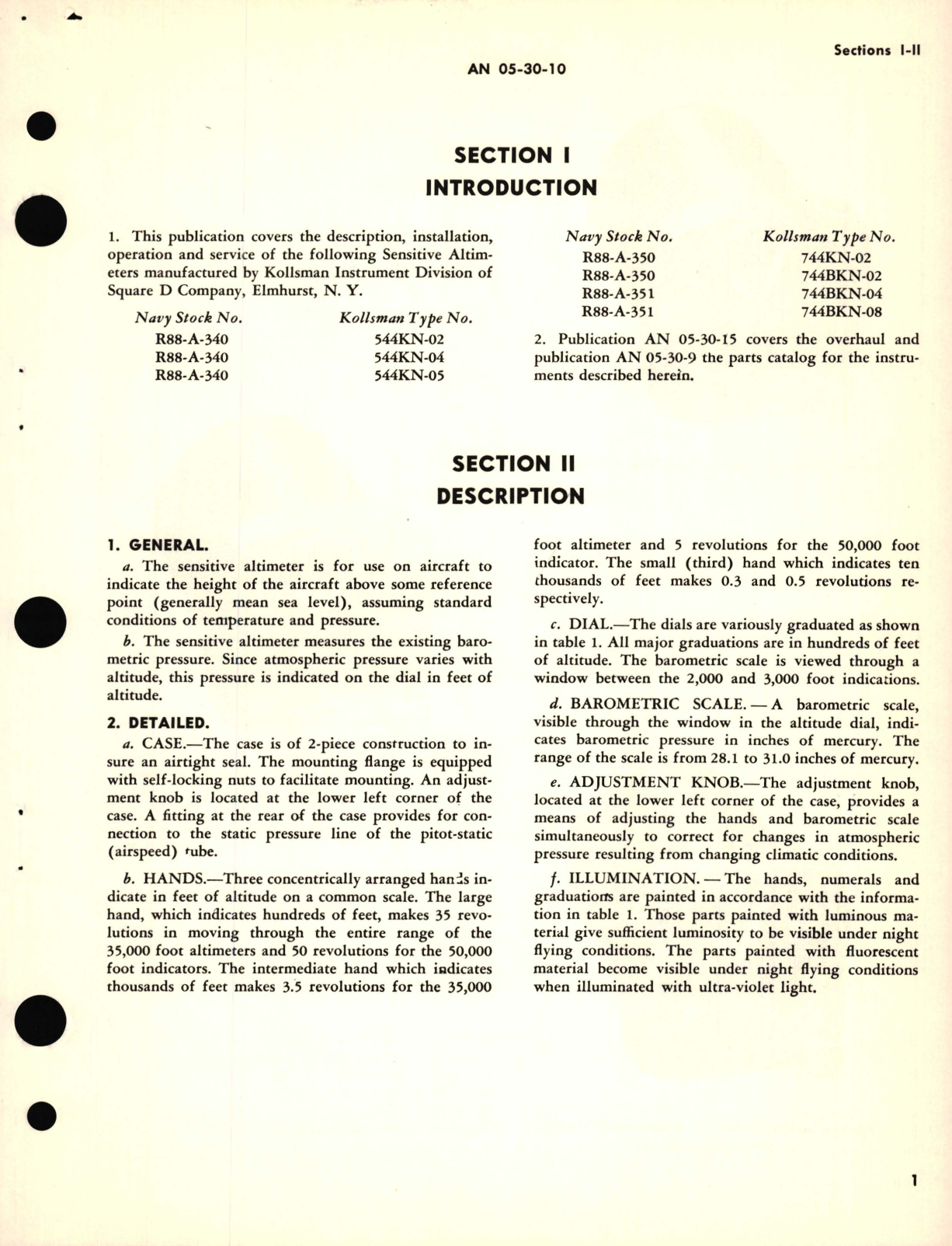 Sample page 5 from AirCorps Library document: Operation and Service Instructions for Altimeters Part No. 544KN, 744KN, 744BKN 