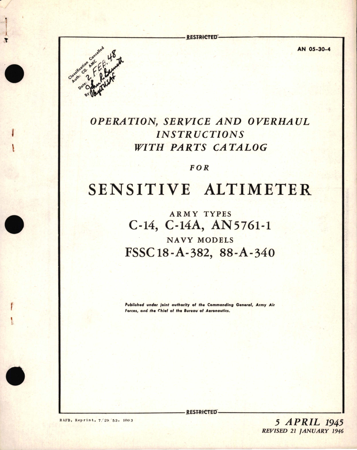 Sample page 1 from AirCorps Library document: Operation, Service and Overhaul Instructions with Parts Catalog for Sensitive Altimeter Army Types C-14, C-14A, AN5761-1 Navy Models FSSC 18-A-382, 88-A-340