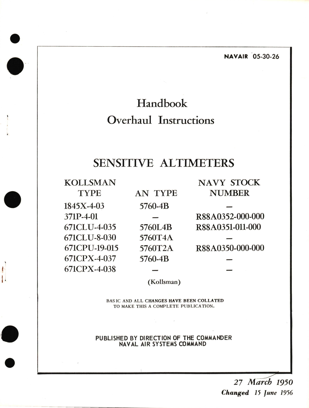 Sample page 1 from AirCorps Library document: Overhaul Instructions for Sensitive Altimeters Kollsman Type 1845X-4, 371P-4, 671CLU-4, 671CLU-8, 671CPU-19, 671CPX-4