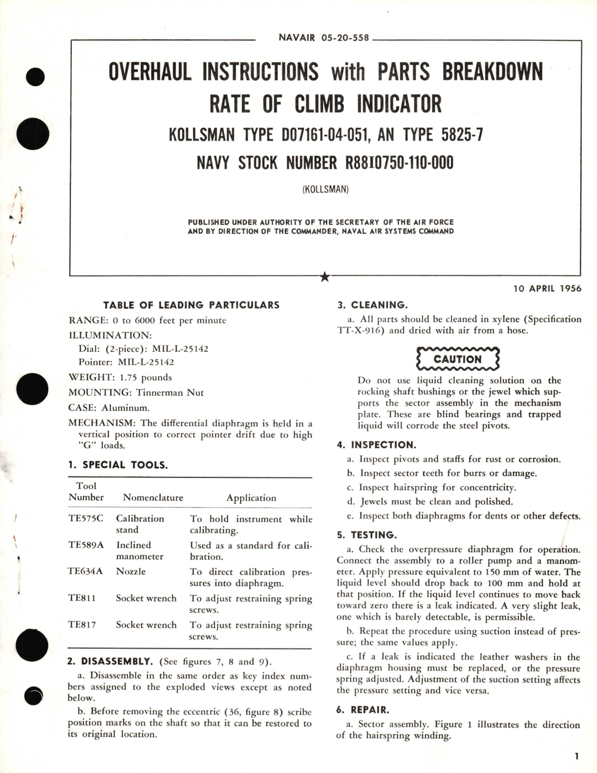 Sample page 1 from AirCorps Library document: Overhaul Instructions with Parts Breakdown for Rate of Climb Indicator Kollsman Type D07161-04-051, AN TYPE 5825-7