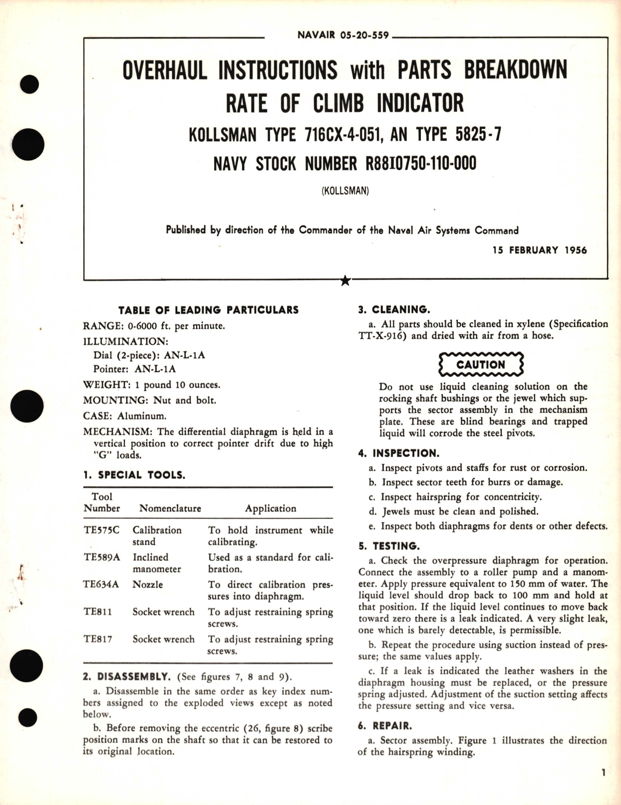 Sample page 1 from AirCorps Library document: Overhaul Instructions with Parts Breakdown for Rate of Climb Indicator Kollsman Type 716CX-4-051, AN Type 5825-7