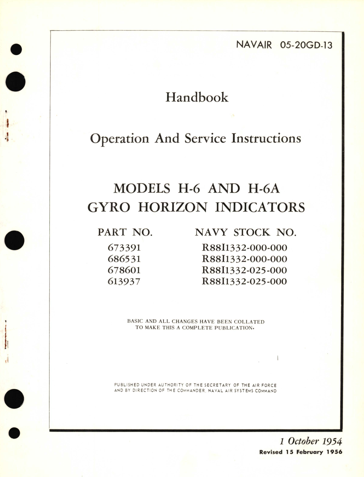 Sample page 1 from AirCorps Library document: Operation and Service Instructions for Models H-6A and H-6A Gyro Horizon Indicators Part No. 673391, 686531, 678601, 613937