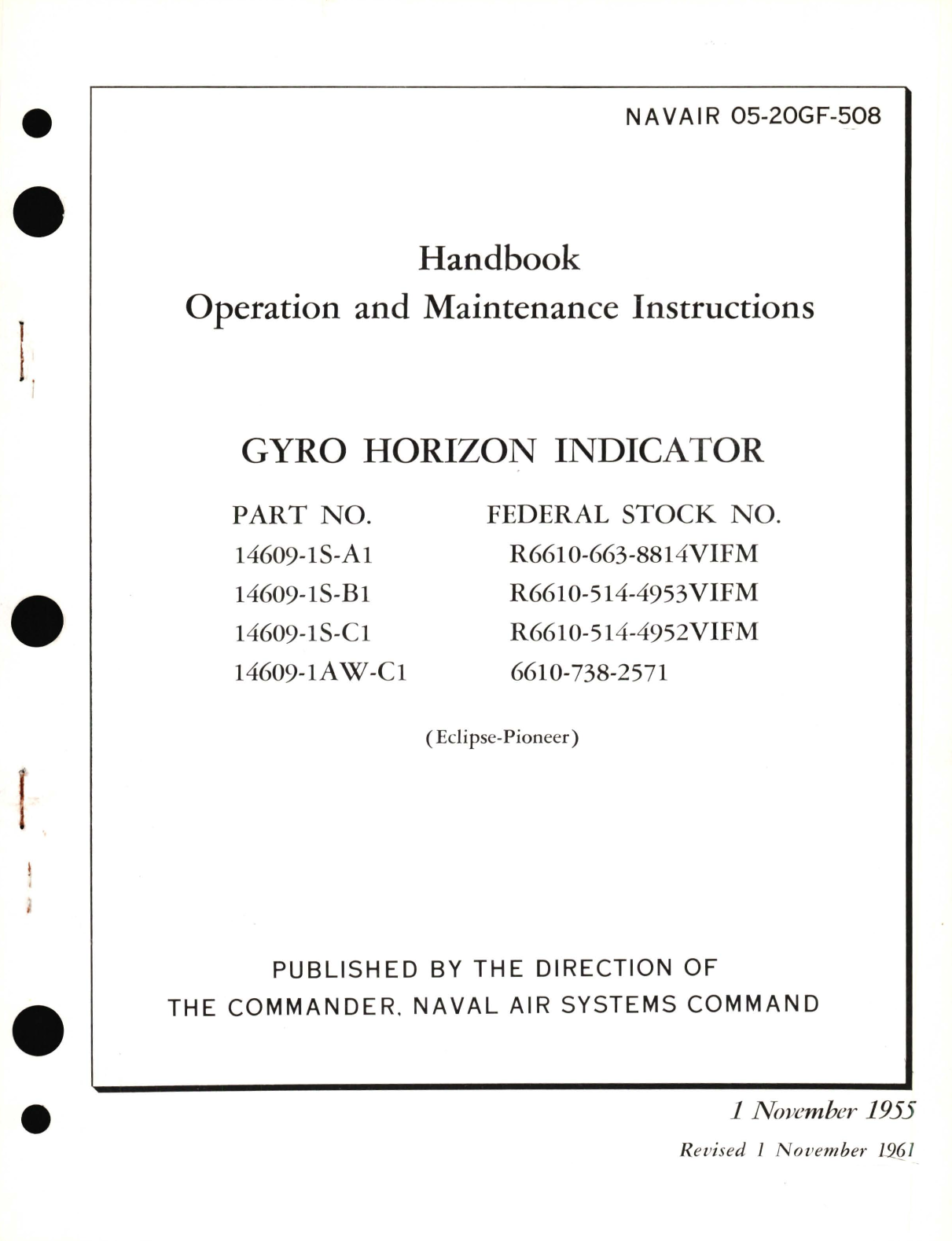 Sample page 1 from AirCorps Library document: Operation and Maintenance Instructions for Gyro Horizon Indicator Part No. 14609-1S, 14609-1AW 