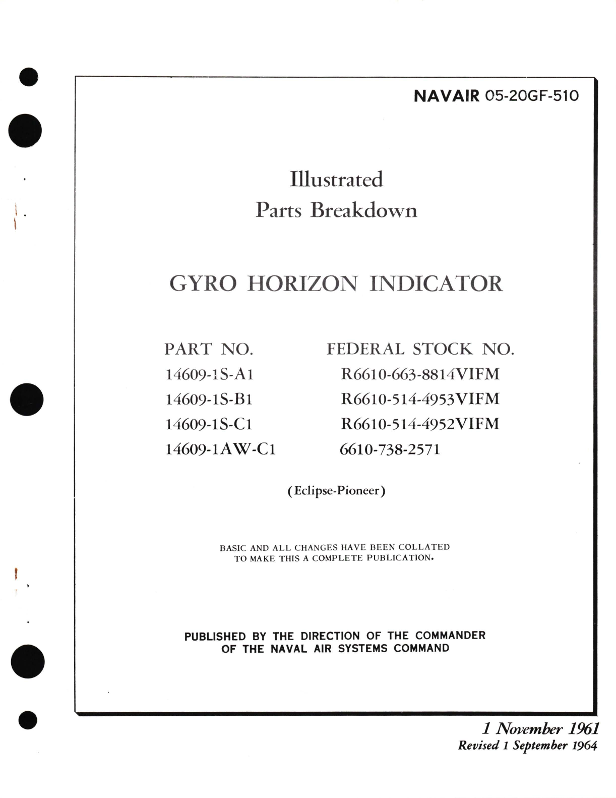 Sample page 1 from AirCorps Library document:  Illustrated Parts Breakdown for Gyro Horizon Indicator Part No. 14609-1S, 146090-1AW