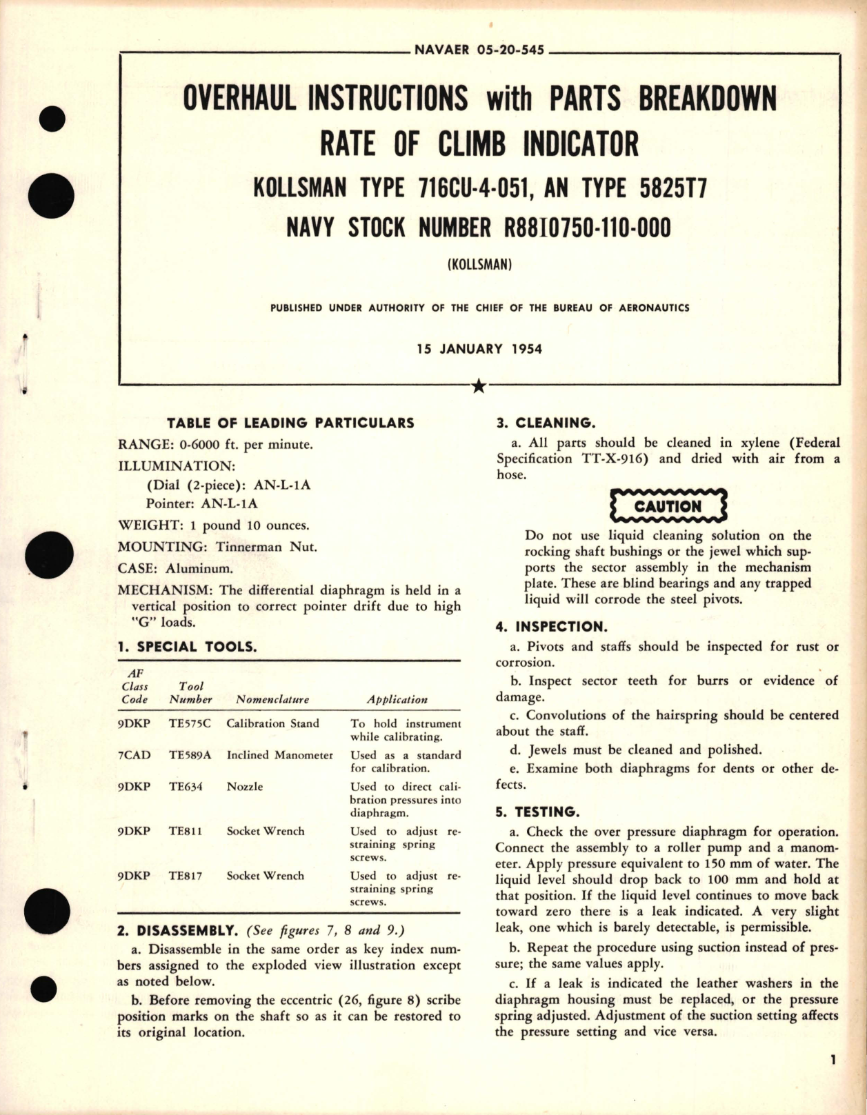 Sample page 1 from AirCorps Library document: Overhaul Instructions with Parts Breakdown for Rate of Climb Indicator Kollsman Type 716CU-4-051, AN Type 5825T7