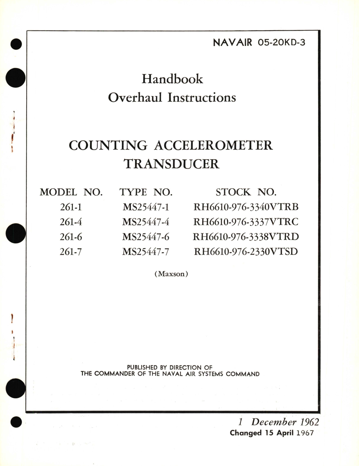 Sample page 1 from AirCorps Library document: Overhaul Instructions for Counting Accelerometer Transducer Model No. 261-1, 261-4, 261-6, 261-7, Type No. MS25447-1, MS25447-4, MS25447-6, MS25447-7