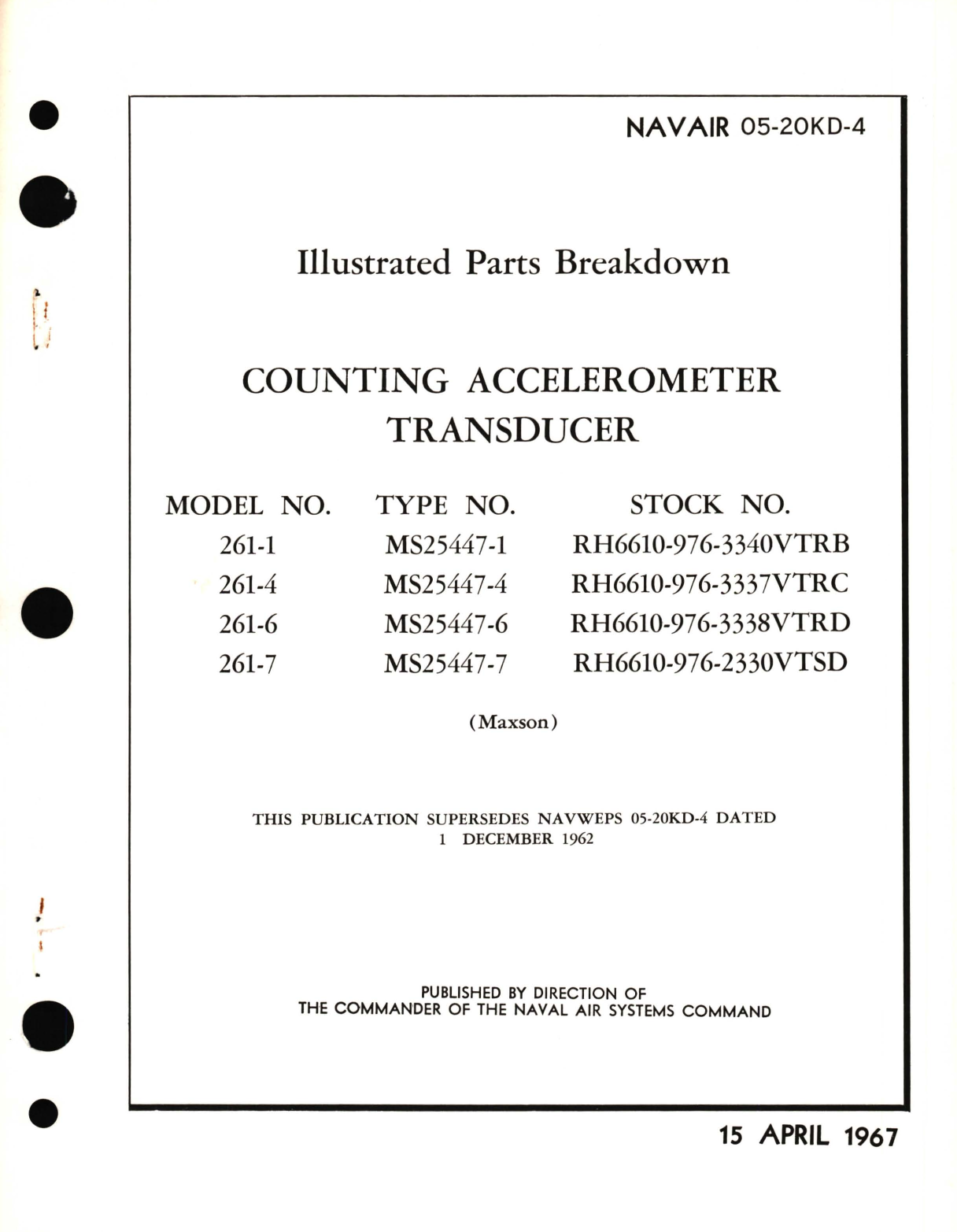 Sample page 1 from AirCorps Library document: Illustrated Parts Breakdown for Counting Accelerometer Transducer Model No. 261-1, 261-4, 261-6, 261-7 Type No. MS25447-1, MS25447-4, MS25447-6, MS25447-7