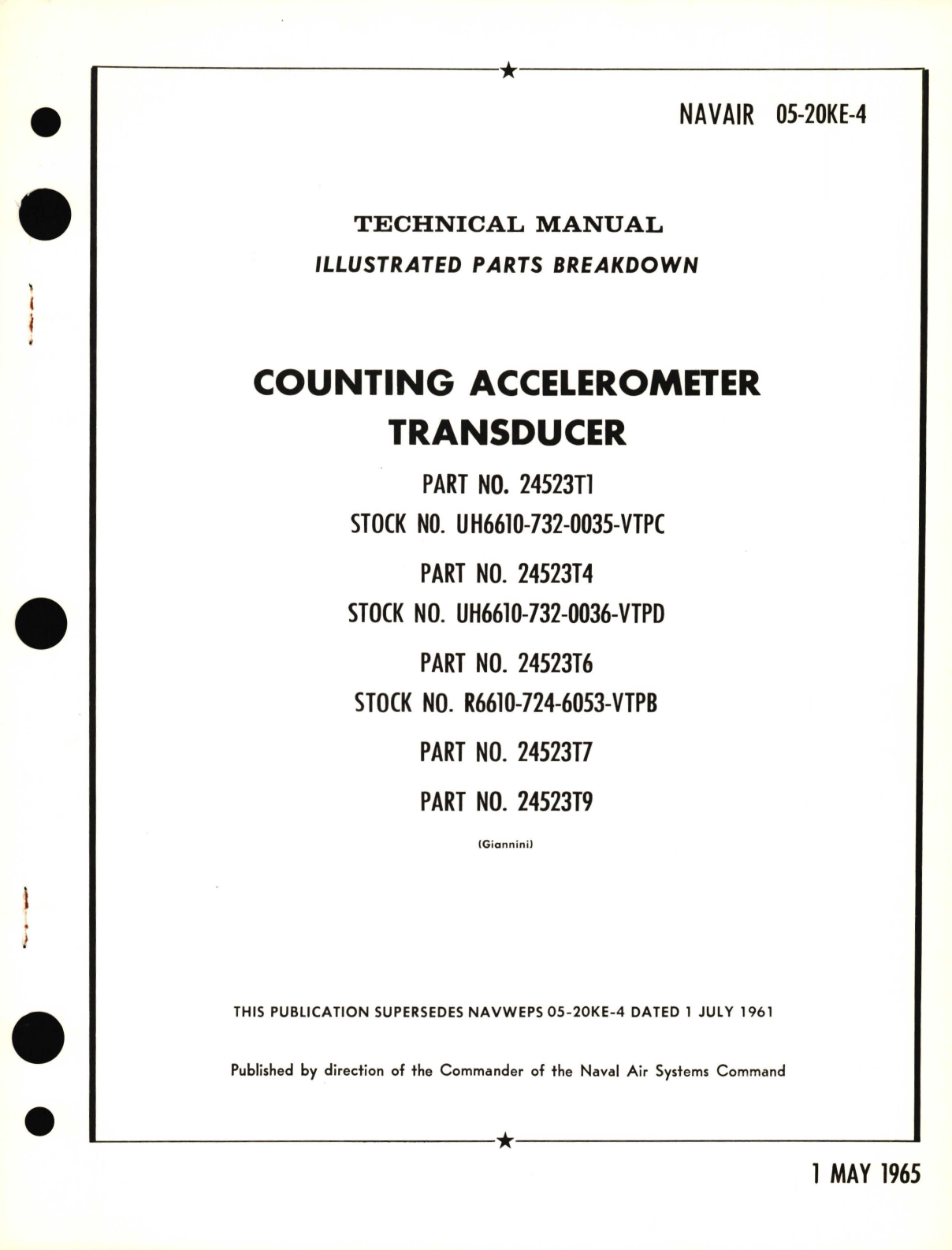 Sample page 1 from AirCorps Library document: Illustrated Parts Breakdown for Counting Accelerometer Transducer Part No. 24523T1, 2452314, 2452316, 2452317, 2452319