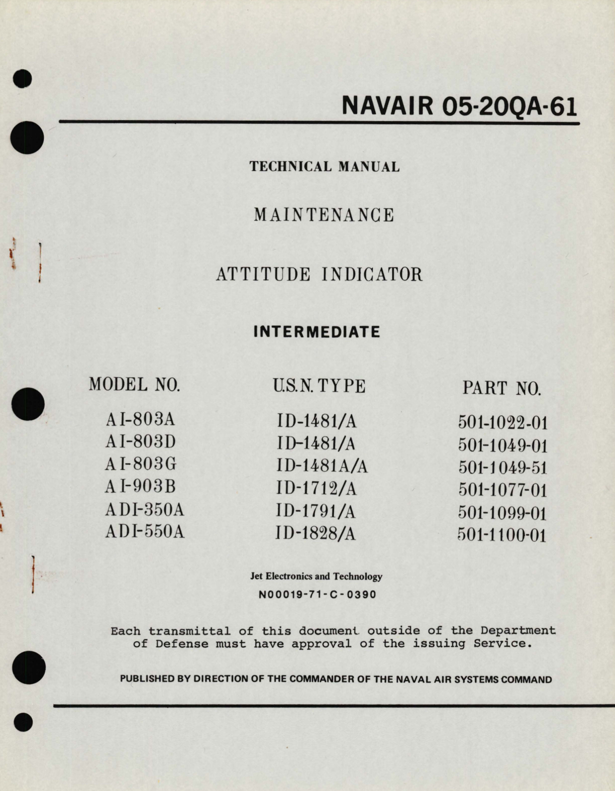 Sample page 1 from AirCorps Library document: Maintenance for Attitude Indicator Model No. AI-803A, AI-803D, AI-803G, AI-903B, ADI-350A, Part No. 501-1022,  501-1049, 501-1049, 501-1077, 501-1099, 501-1100