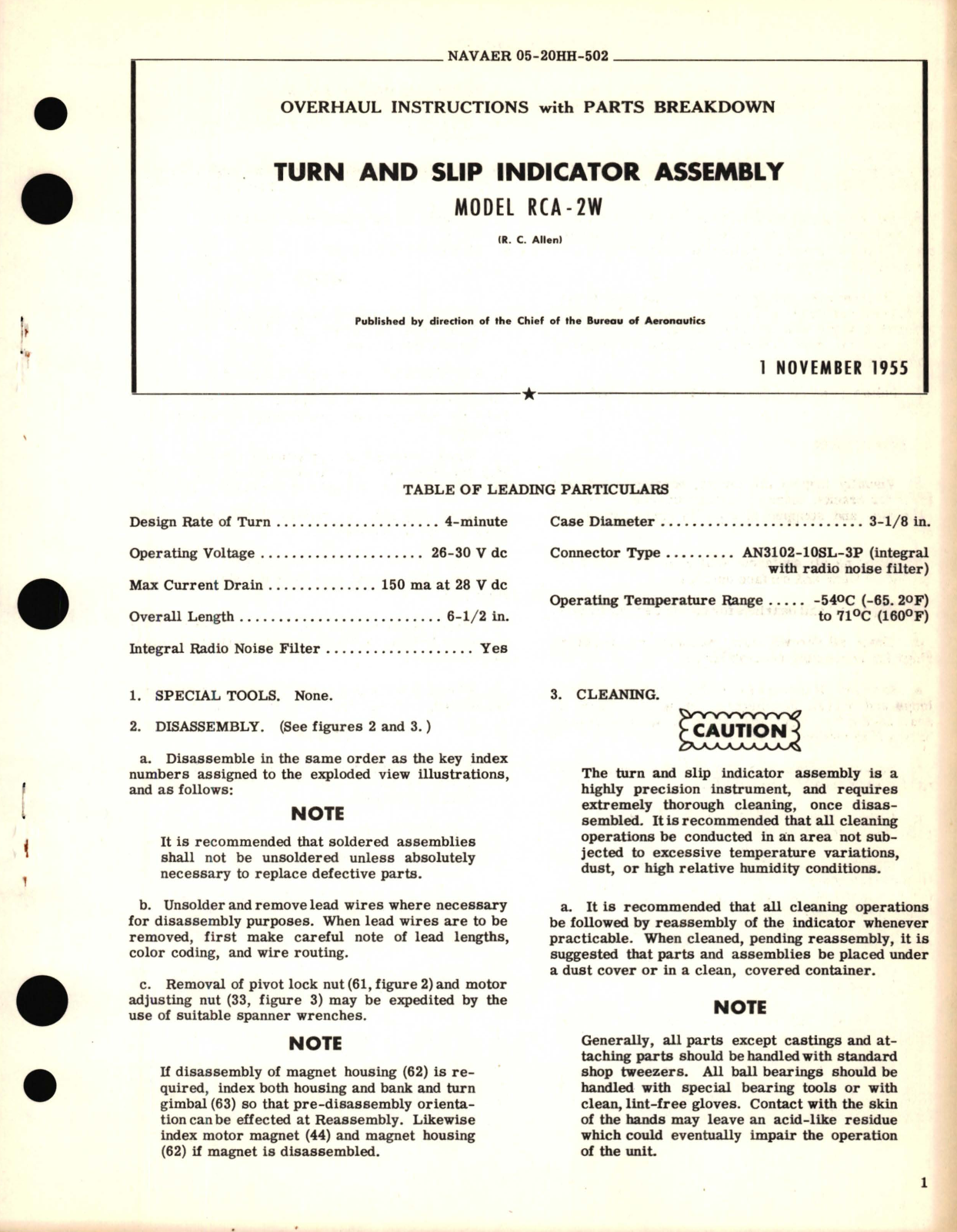 Sample page 1 from AirCorps Library document: Overhaul Instructions with Parts Breakdown for Turn and Slip Indicator Assembly Model RCA-2W