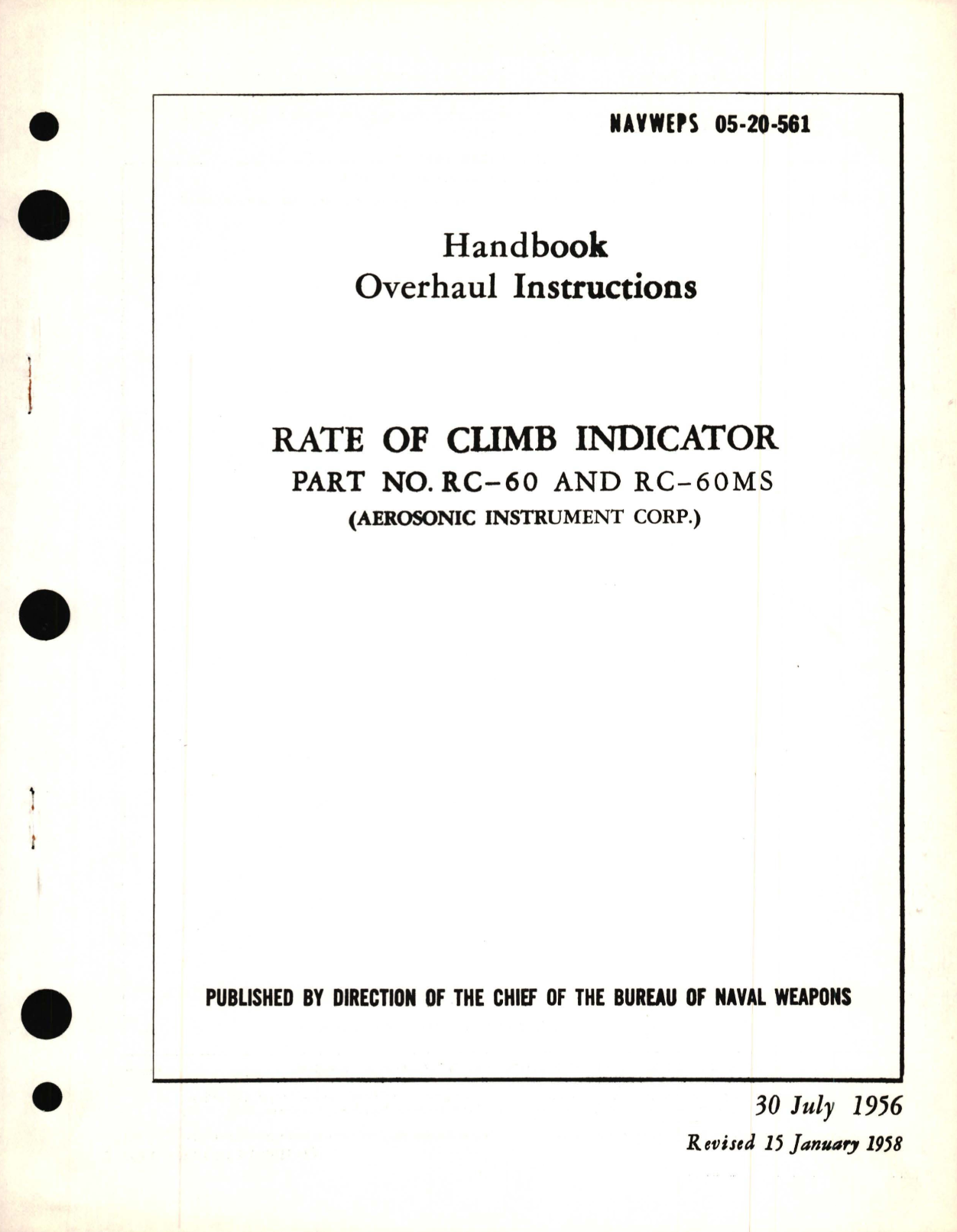 Sample page 1 from AirCorps Library document: Overhaul Instructions for Rate of Climb Indicator Part No. RC-60 and RC-60MS 