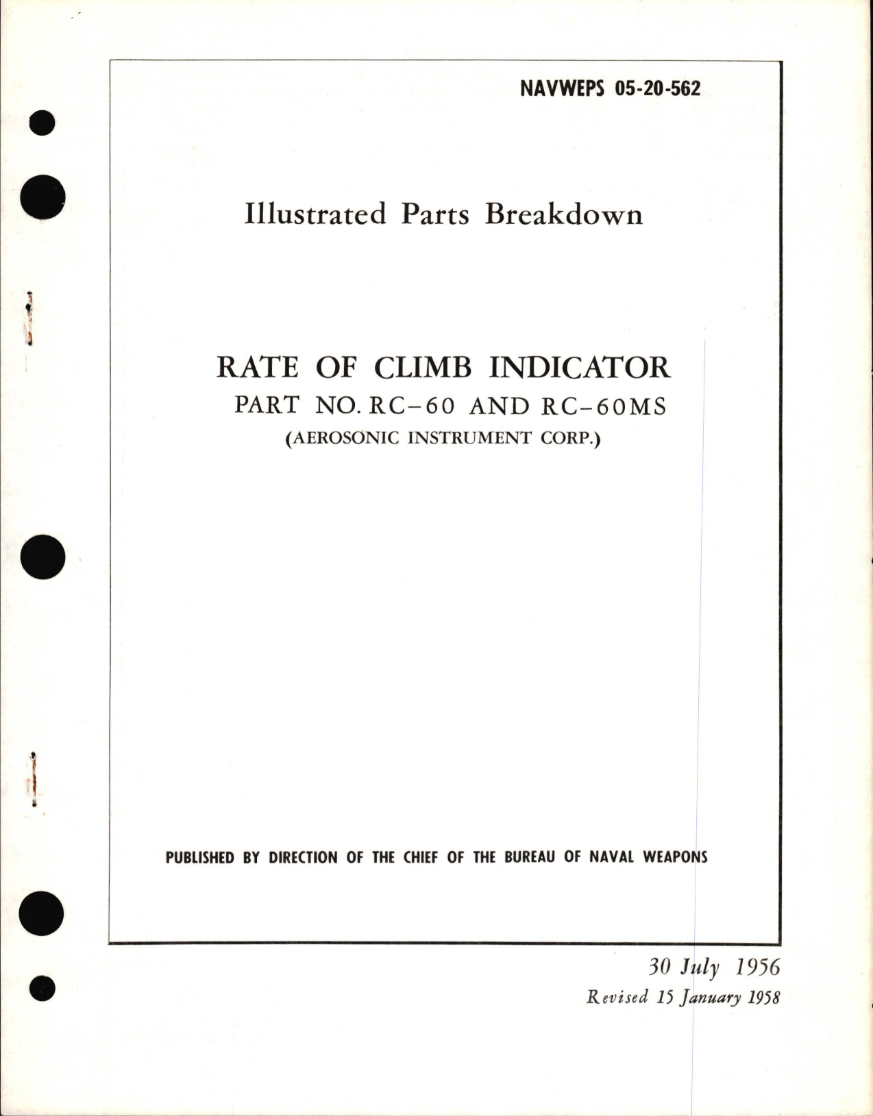 Sample page 1 from AirCorps Library document: Illustrated Parts Breakdown for Rate of Climb Indicator Part No. RC-60 and RC-60MS 