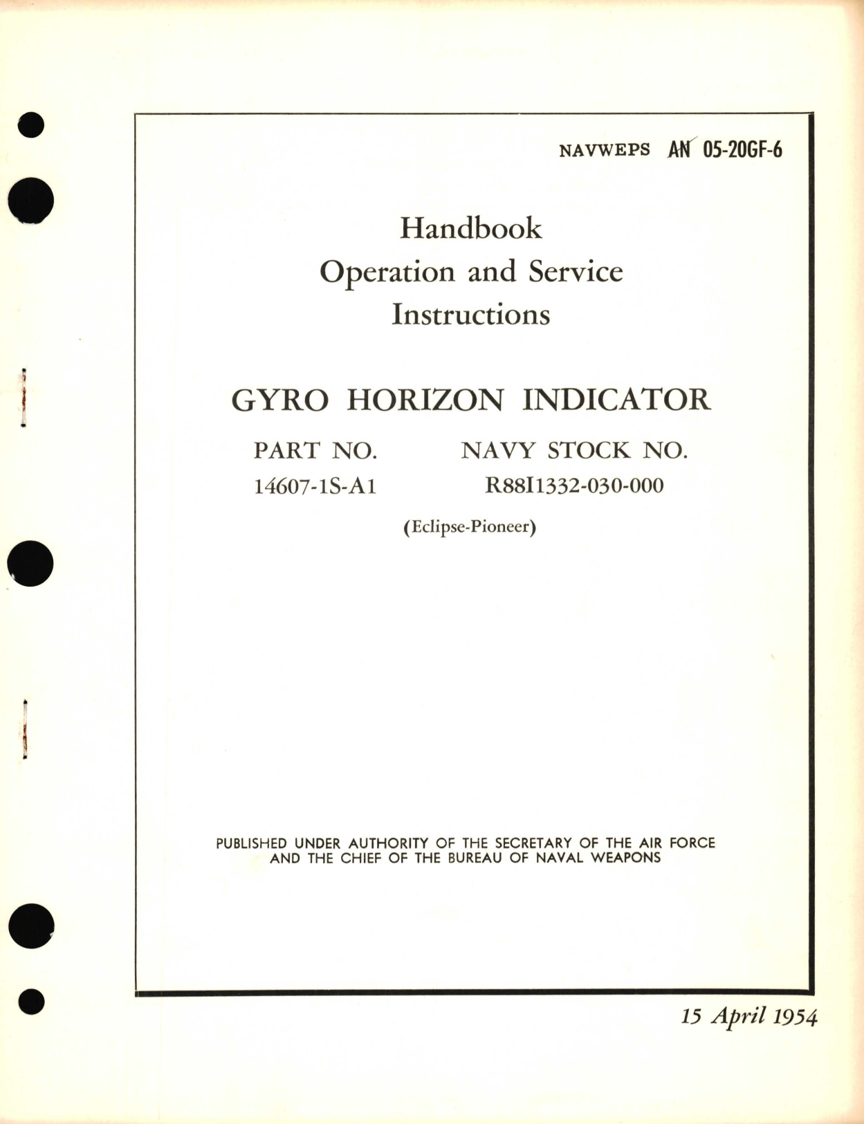 Sample page 1 from AirCorps Library document: Operation and Service Instructions for Gyro Horizon Indicator Part No. 14607-1S-A1 