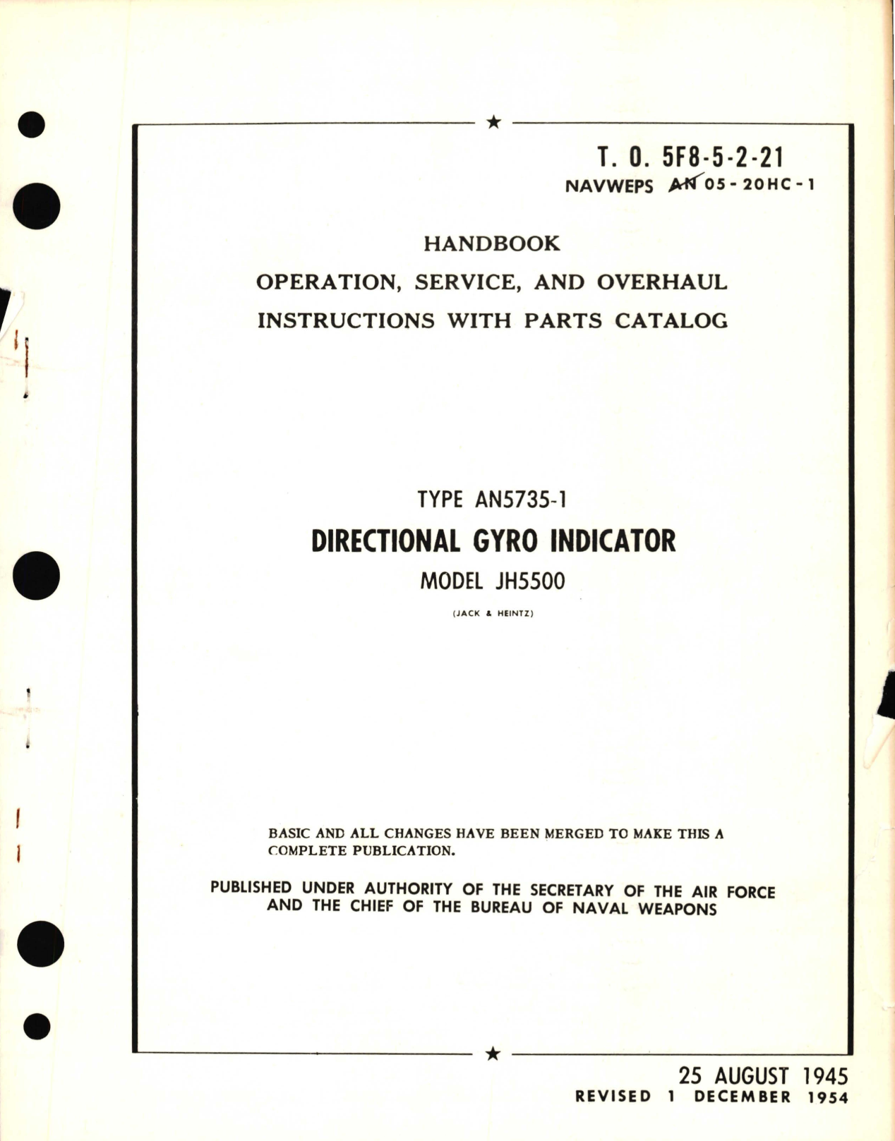 Sample page 1 from AirCorps Library document: Operation, Service, and Overhaul Instructions with Parts Catalog for Type AN5735-1 Directional Gyro Indicator Model JH5500