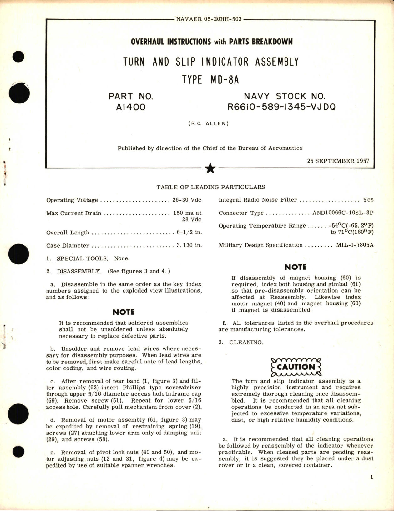 Sample page 1 from AirCorps Library document: Overhaul Instructions with Parts Breakdown for Turn and Slip Indicator Assembly Type MD-8A Part No. A1400  