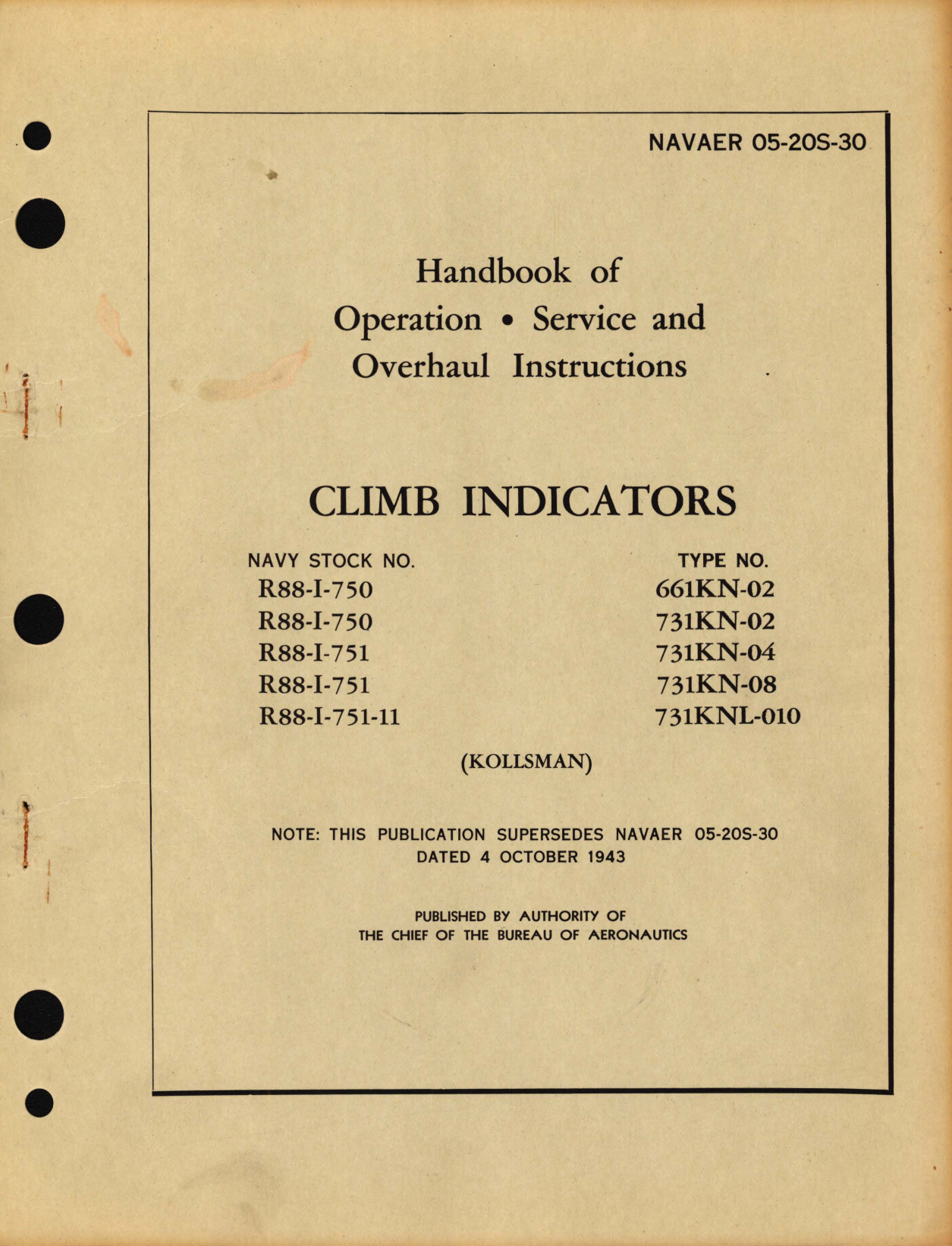 Sample page 1 from AirCorps Library document: Operation, Service and Overhaul Instructions for Climb Indicators Type No. 661KN-02, 731KN-02, 731KN-04, 731KN-08, 731KNL-010