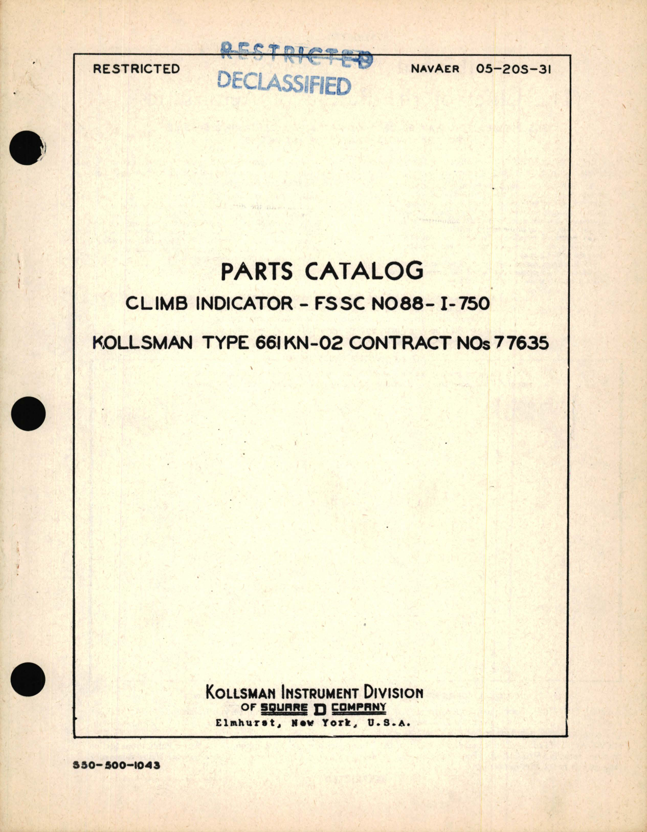 Sample page 1 from AirCorps Library document: Parts Catalog for Climb Indicator - FS SC NO88-I-75 Kollsman Type 661KN-02 Contract No. 77635