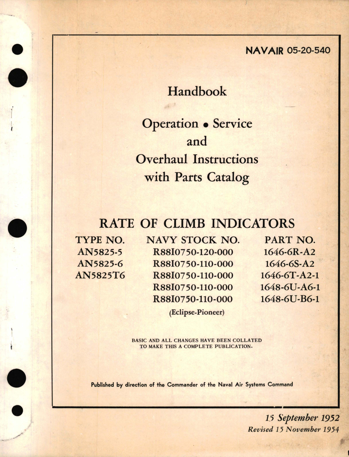 Sample page 1 from AirCorps Library document: Operation, Service and Overhaul Instructions with Parts Catalog for Rate of Climb Indicators Part No. 1646