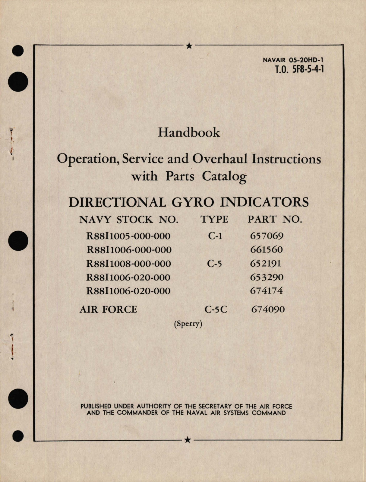 Sample page 1 from AirCorps Library document: Operation, Service and Overhaul Instructions with Parts Catalog for Directional Gyro Indicators type, C-1, C-5, C-5C, Part No. 657069, 661560, 652191, 653290, 674174, 674090