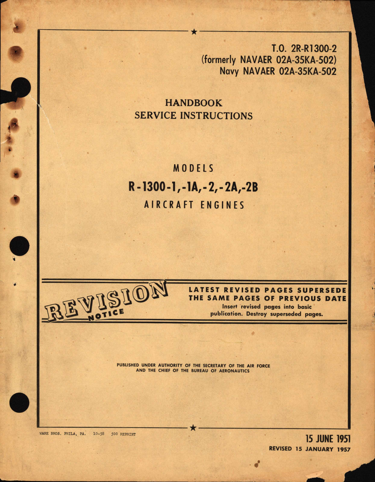 Sample page 1 from AirCorps Library document: Service Instructions for Models R-1300-1, -1A, -2, -2A, -2B
