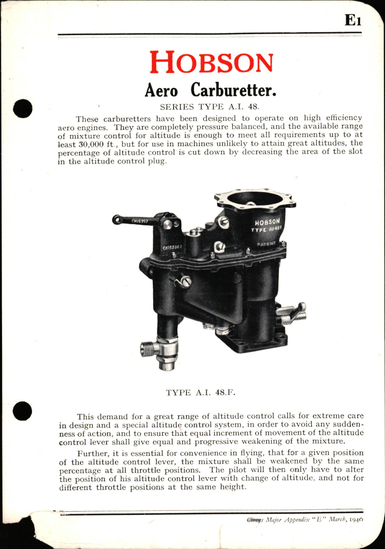 Sample page 1 from AirCorps Library document: Hobson Aero Carburetter Series Type A.1. 48., Appendix E