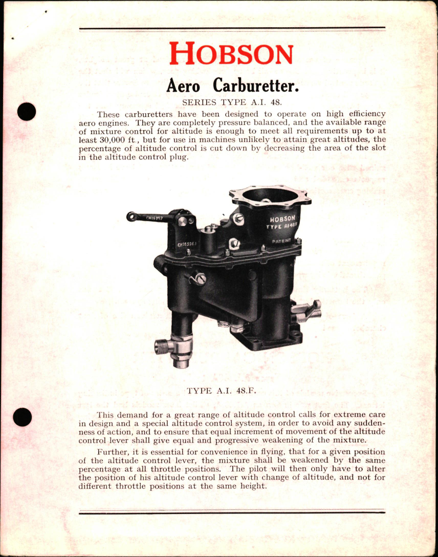 Sample page 1 from AirCorps Library document: Hobson Aero Carburetter Series Type A.1. 48