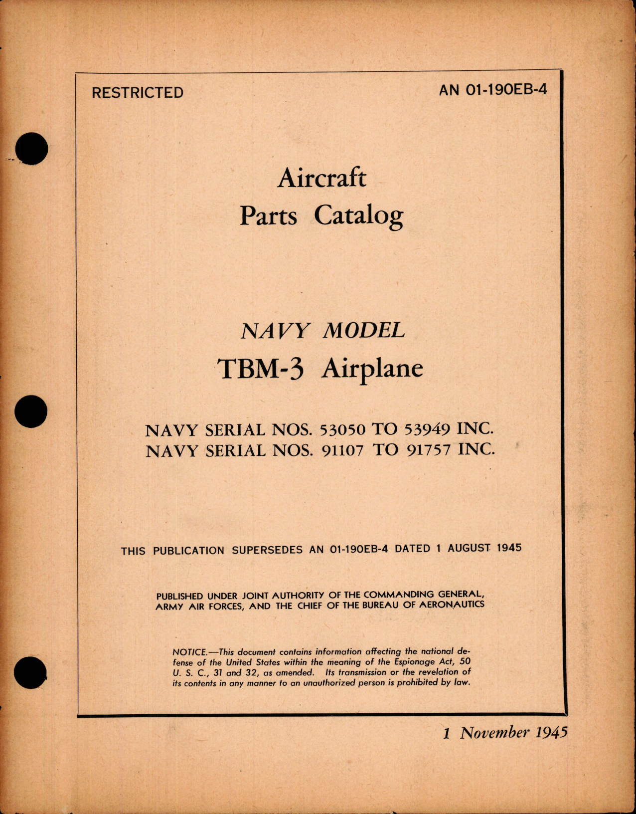 Sample page 1 from AirCorps Library document: Parts Catalog for Navy Model TBM-3