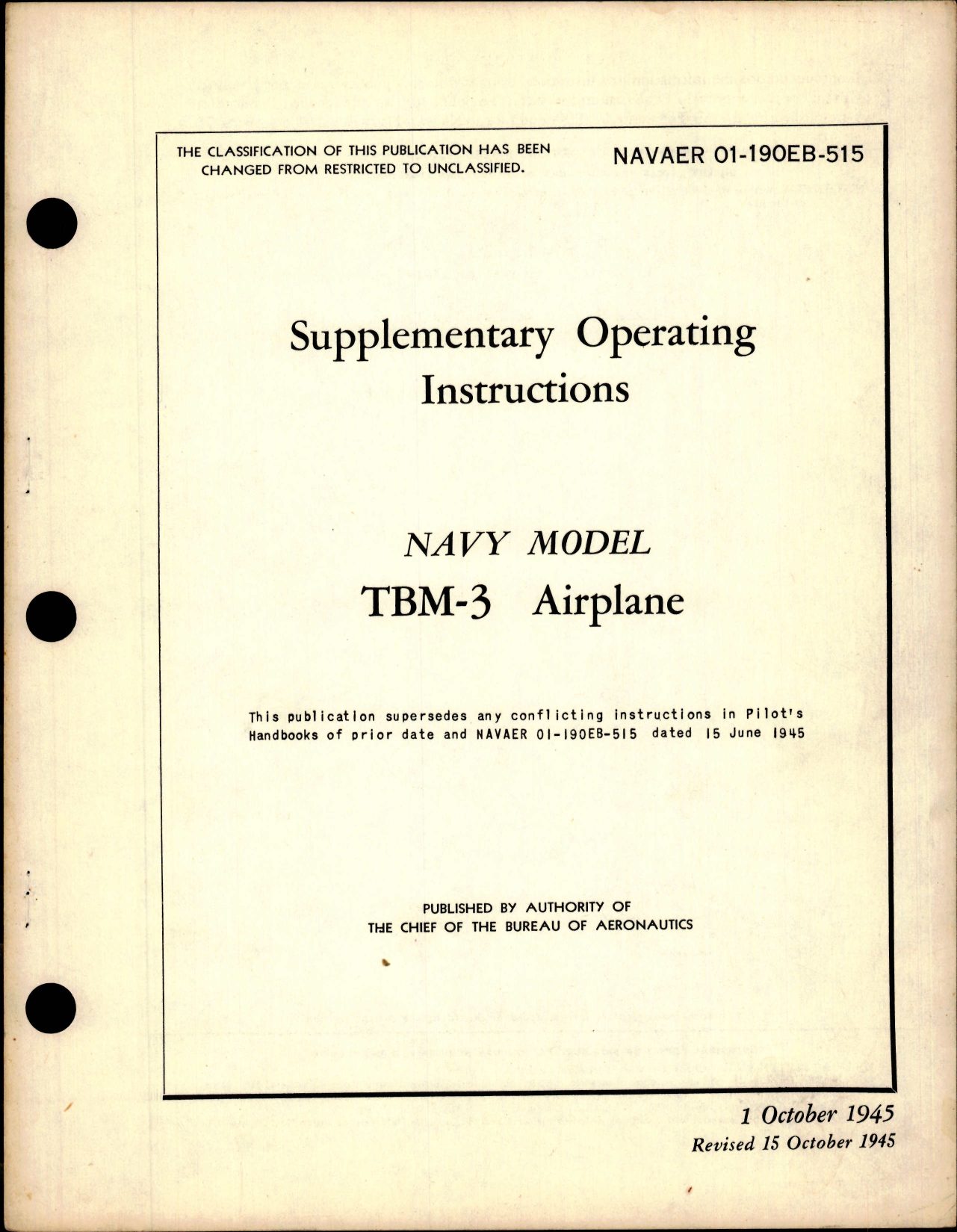 Sample page 1 from AirCorps Library document: Supplementary Operating Instructions for TBM-3