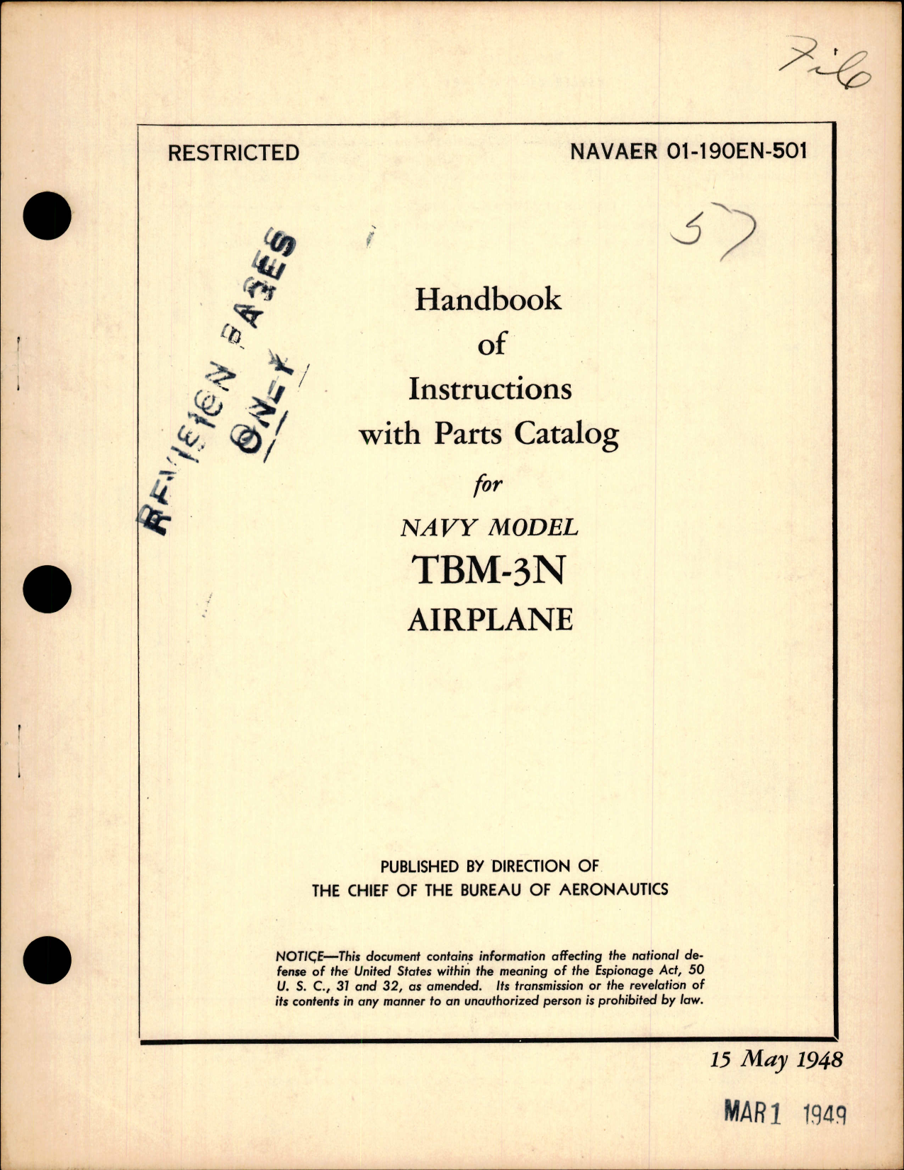 Sample page 1 from AirCorps Library document: Instructions with Parts Catalog for TBM-3N