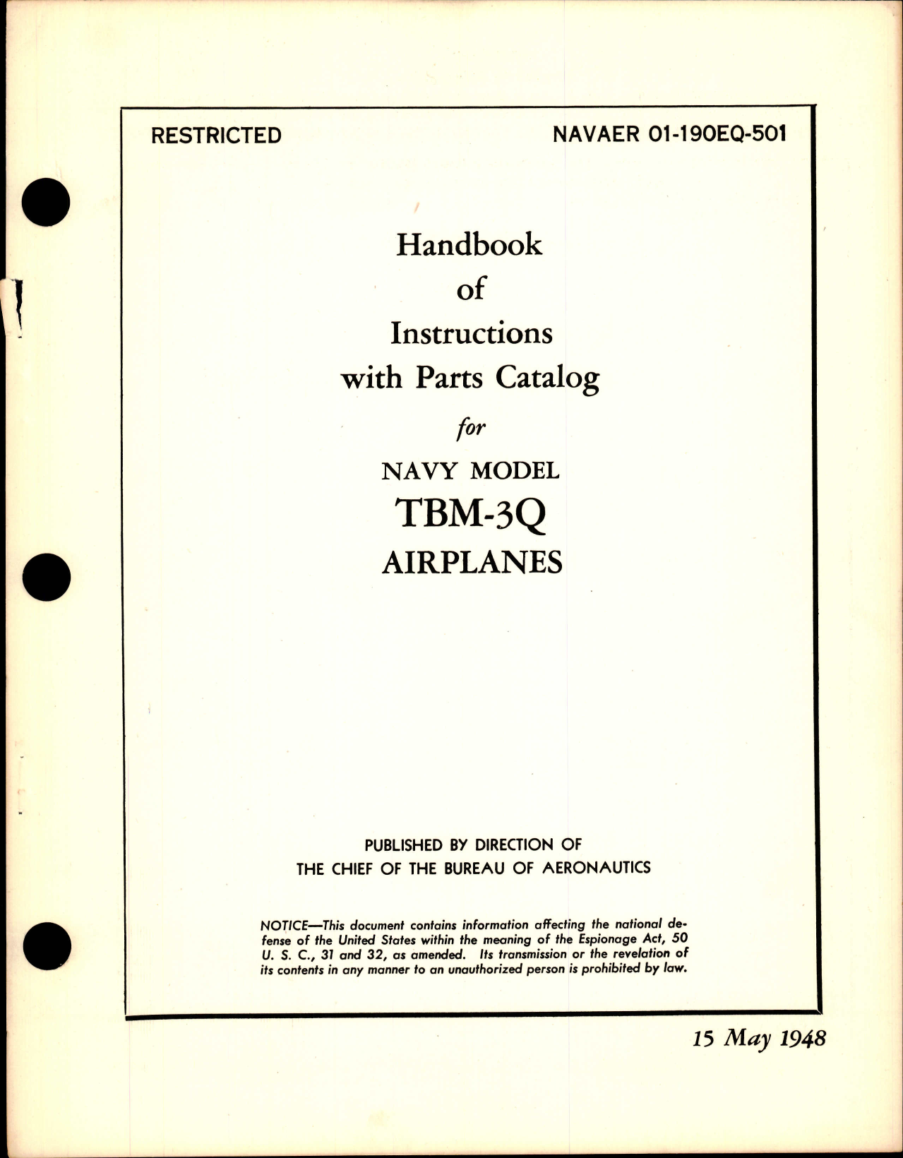 Sample page 1 from AirCorps Library document: Instructions with Parts Catalog for TBM-3Q