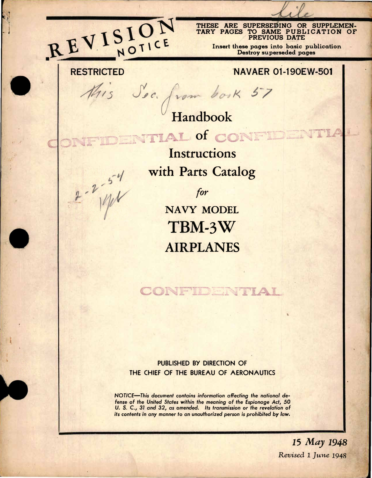 Sample page 1 from AirCorps Library document: Instructions with Parts Catalog for TBM-3W