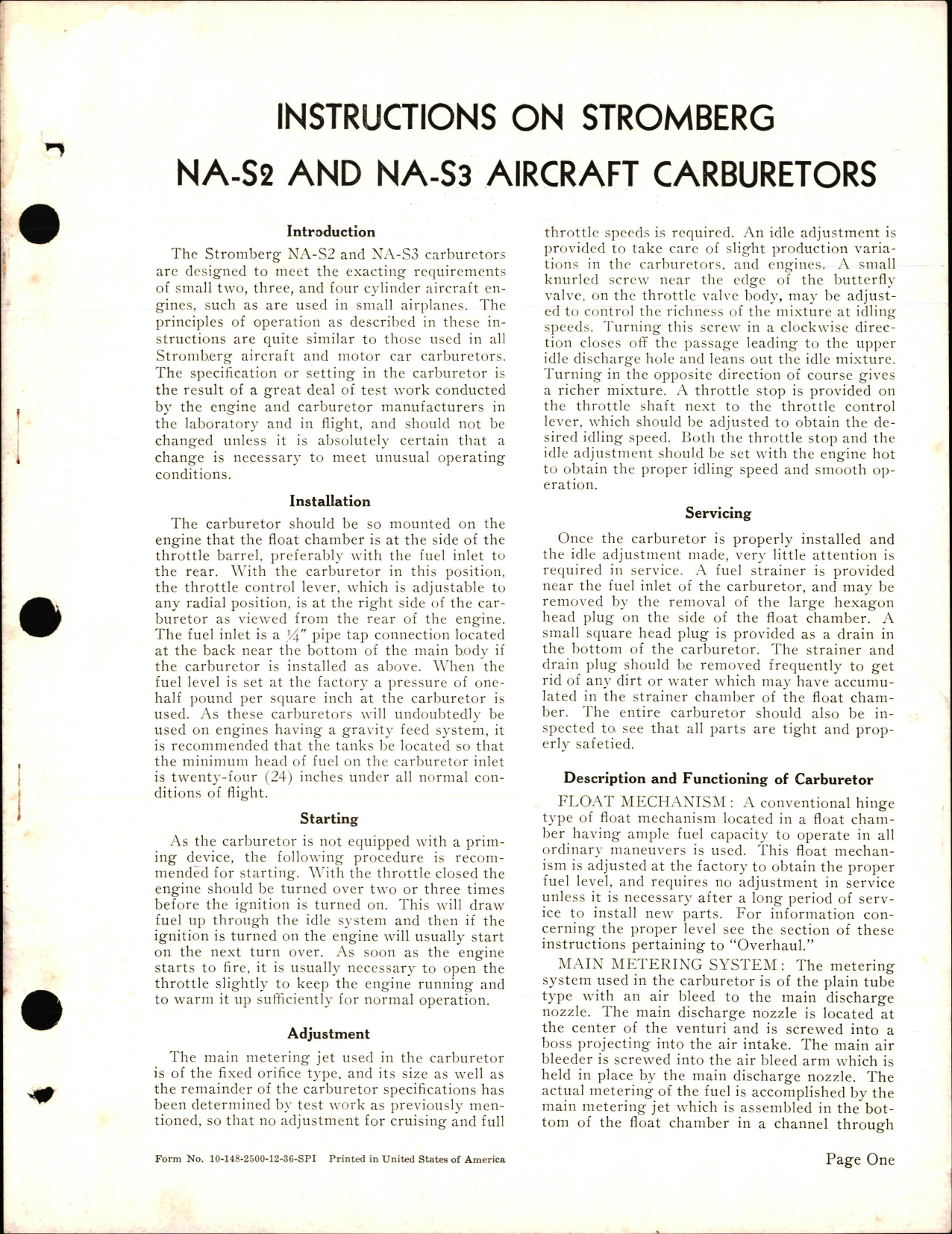 Sample page 1 from AirCorps Library document: Instructions on Stromberg NA-S2 and NA-S3 Aircraft Carburetors,