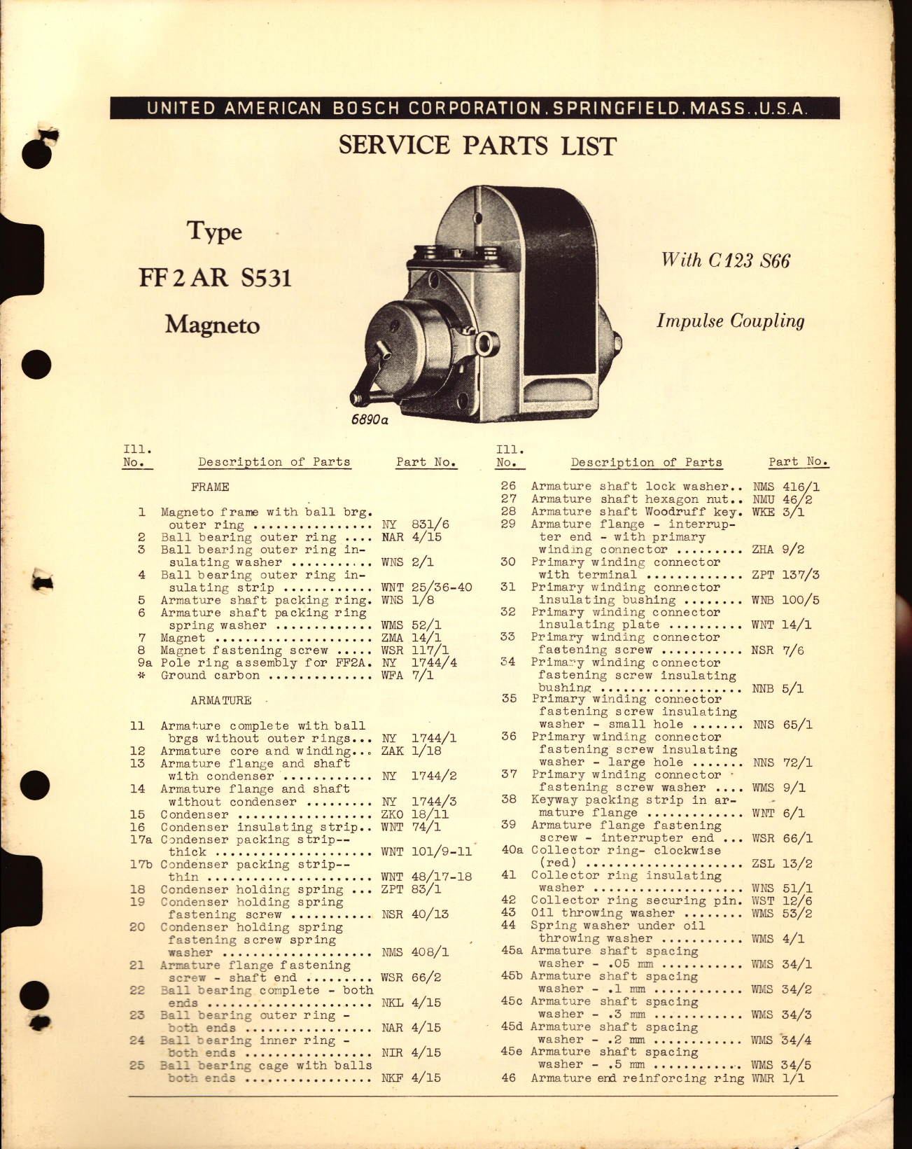 Sample page 1 from AirCorps Library document: Service Parts List for Type FF 2 AR S531 Magneto (American Bosch