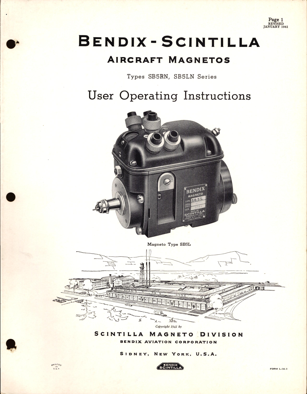 Sample page 1 from AirCorps Library document: User Operating Instructions for Bendix-Scintilla Aircraft Magneto Types SB5RN and SB5LN Series