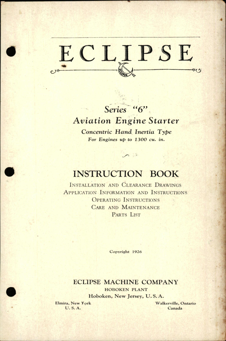 Sample page 1 from AirCorps Library document: Instruction Book for Eclipse Series 6 Engine Starter