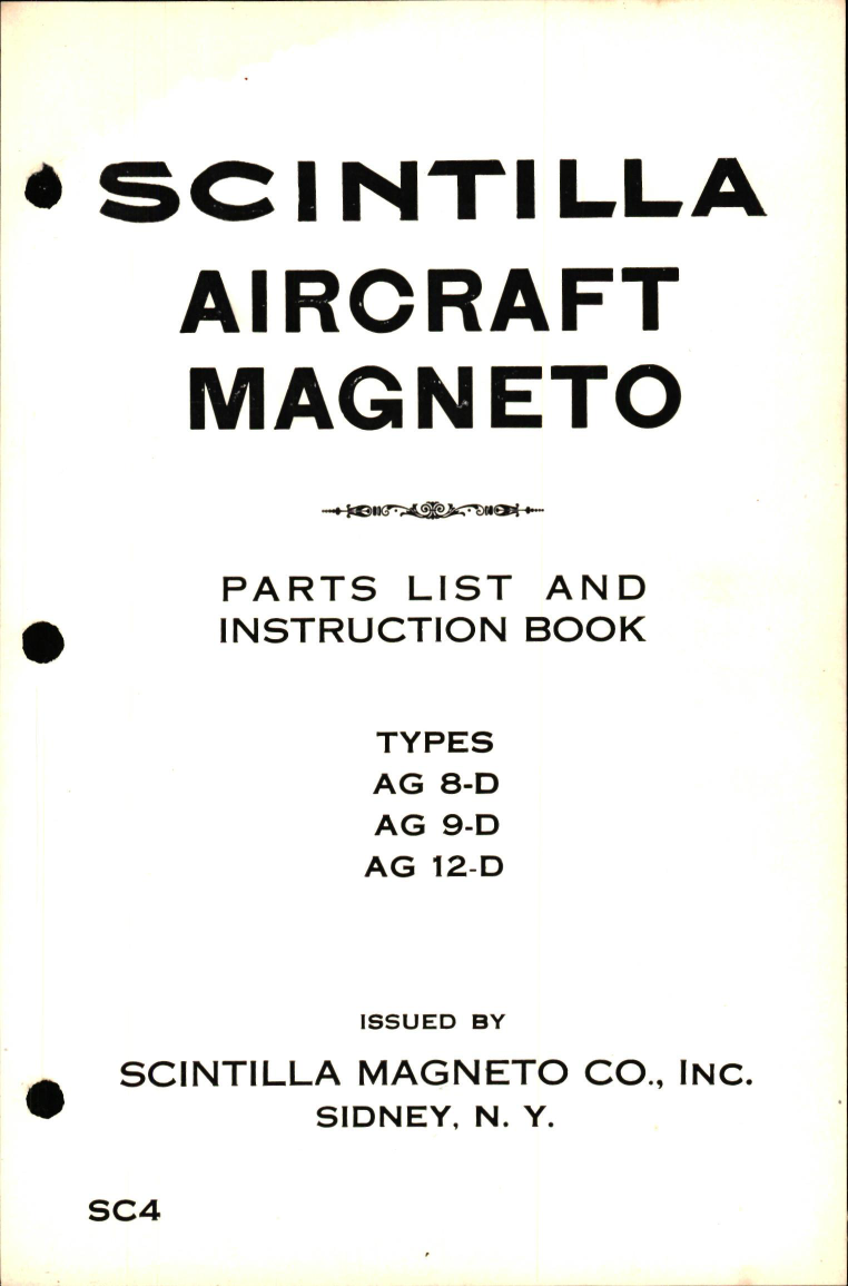 Sample page 1 from AirCorps Library document: Parts List and Instruction Book for Scintilla Aircraft Magneto Types AG 8-D, AG 9-D, and AG 12-D