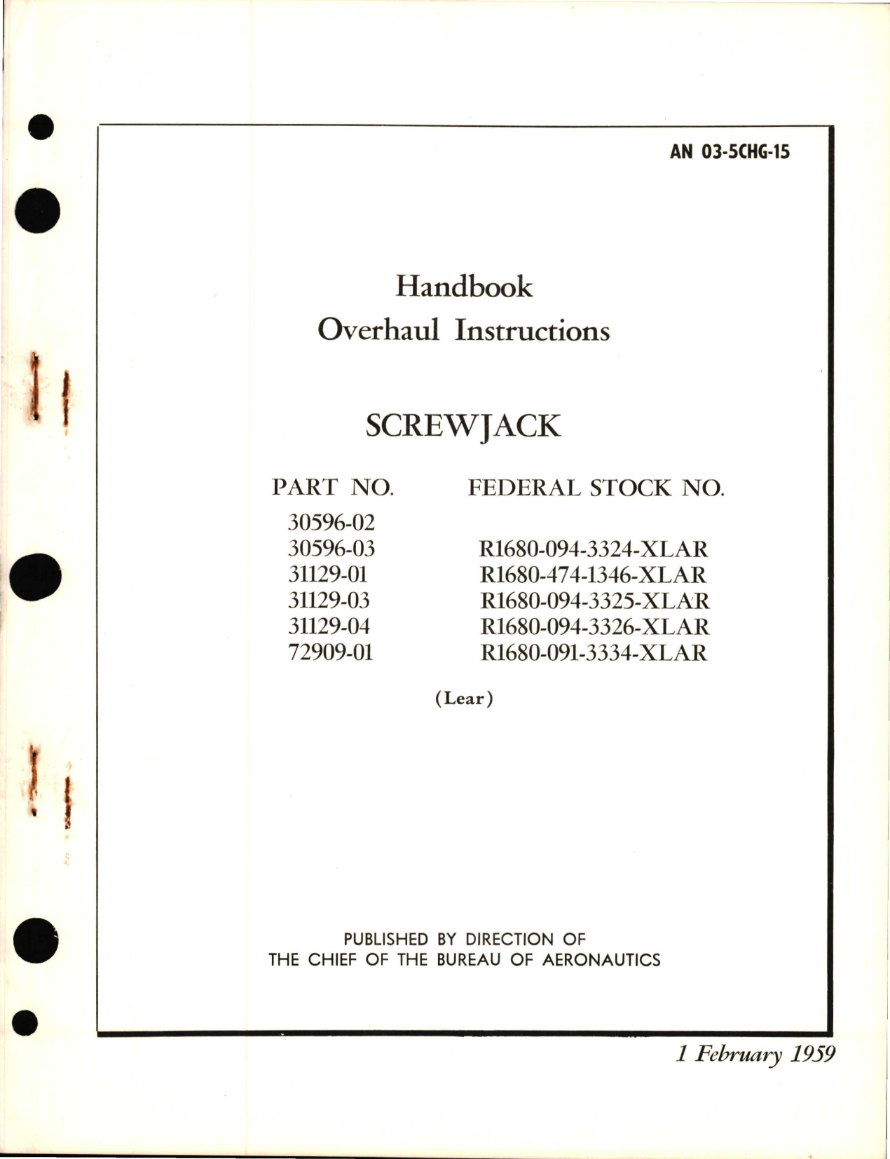 Sample page 1 from AirCorps Library document: Overhaul Instructions for Screwjack, Parts 30596-02, 30596-03, 31129-01, 31129-03, 31129-04, and 72909-01