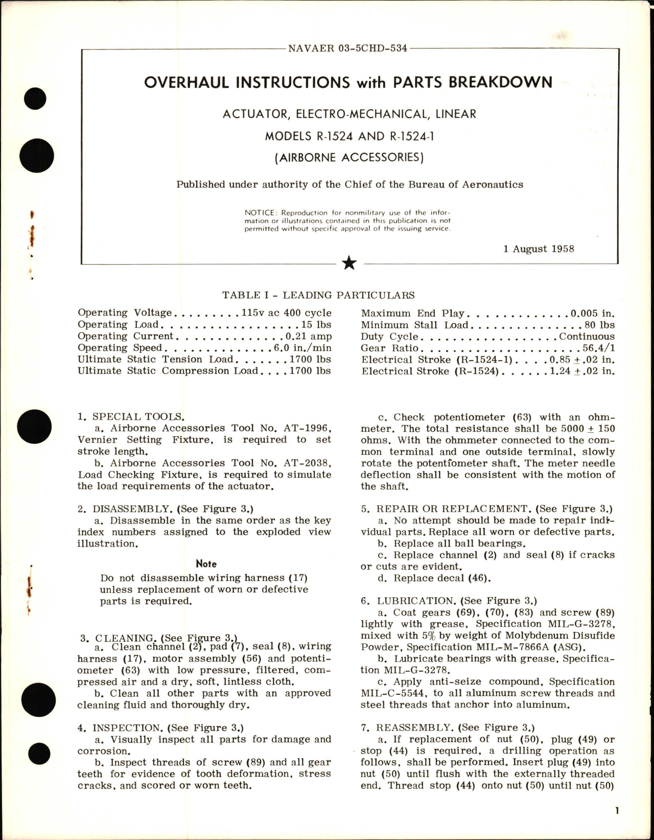 Sample page 1 from AirCorps Library document: Overhaul Instructions with Parts Breakdown for Actuator, Electro-Mechanical, Linear Models R-1524 and R-1524-1