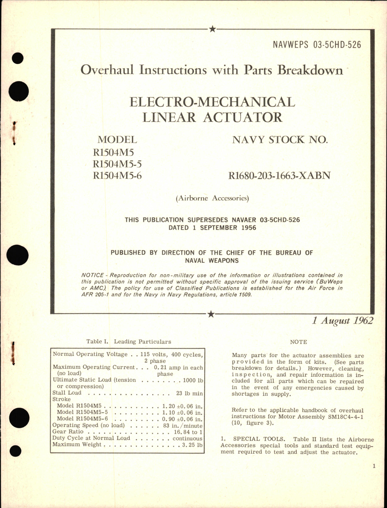 Sample page 1 from AirCorps Library document: Overhaul Instructions with Parts Breakdown for Electro-Mechanical Linear Actuator Models R1504M5, R1504M5-5 and R1504M5-6