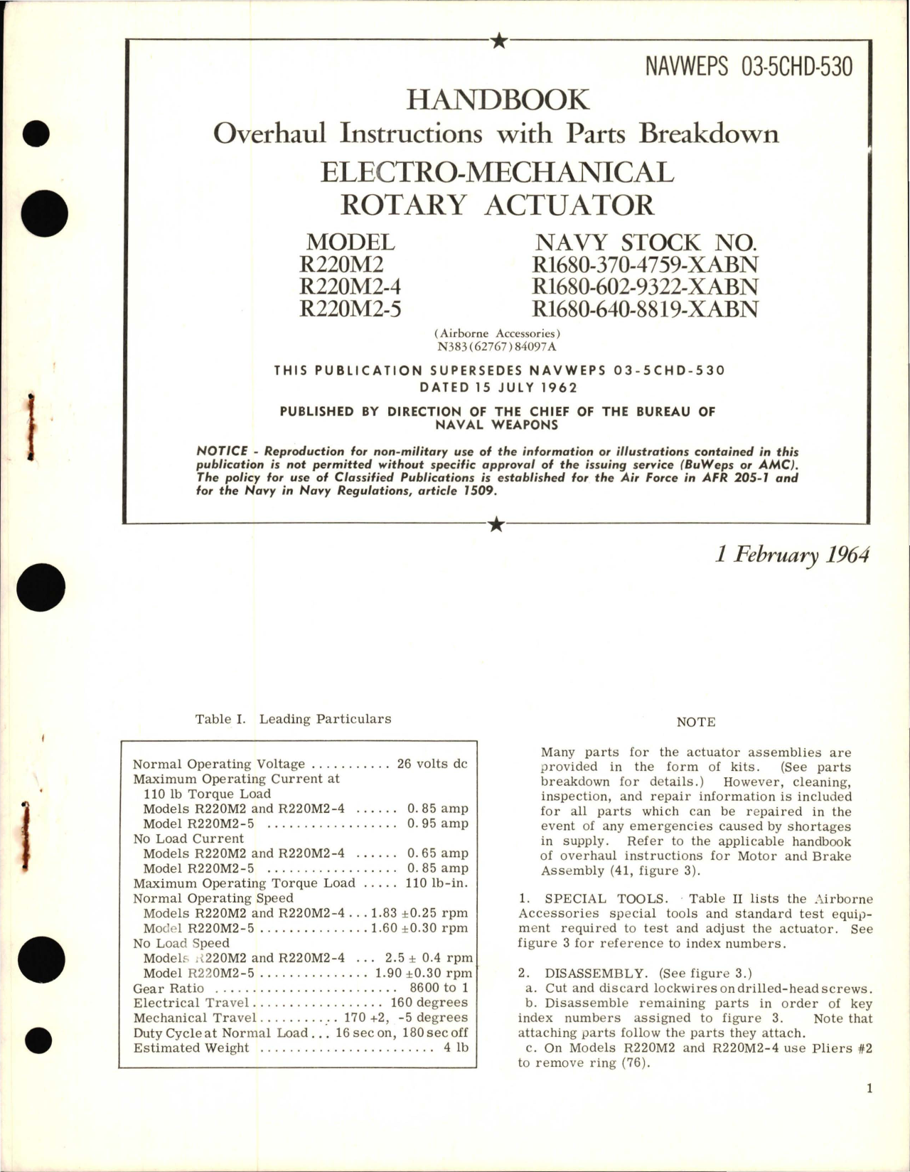 Sample page 1 from AirCorps Library document: Overhaul Instruments with Parts Breakdown for Electro-Mechanical Rotary Actuator Models R220M2, R220M2-4, and R220M2-5  