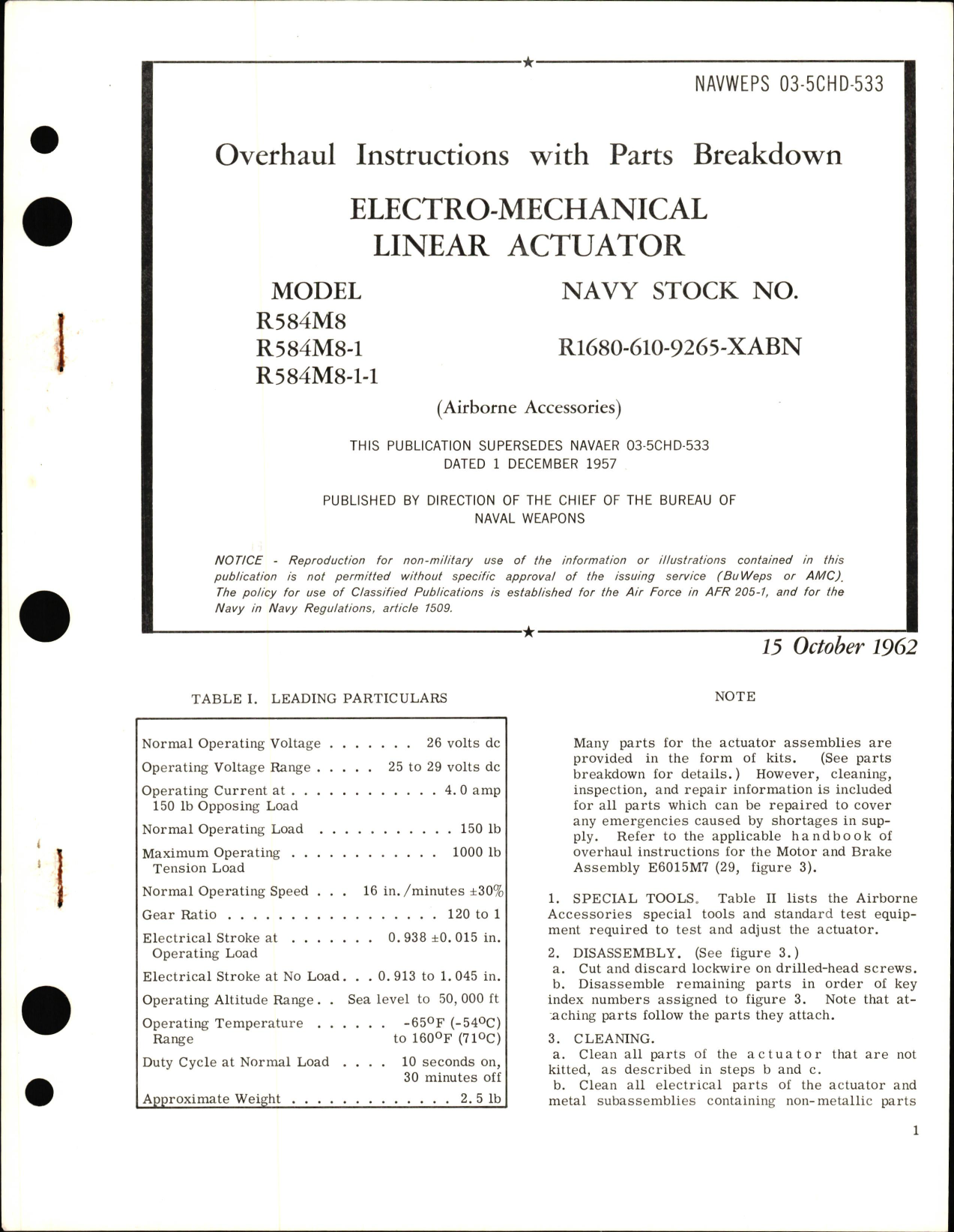 Sample page 1 from AirCorps Library document: Overhaul Instructions with Parts Breakdown for Electro-Mechanical Linear Actuator Models R584M8, R584M8-1, R584M8-1-1