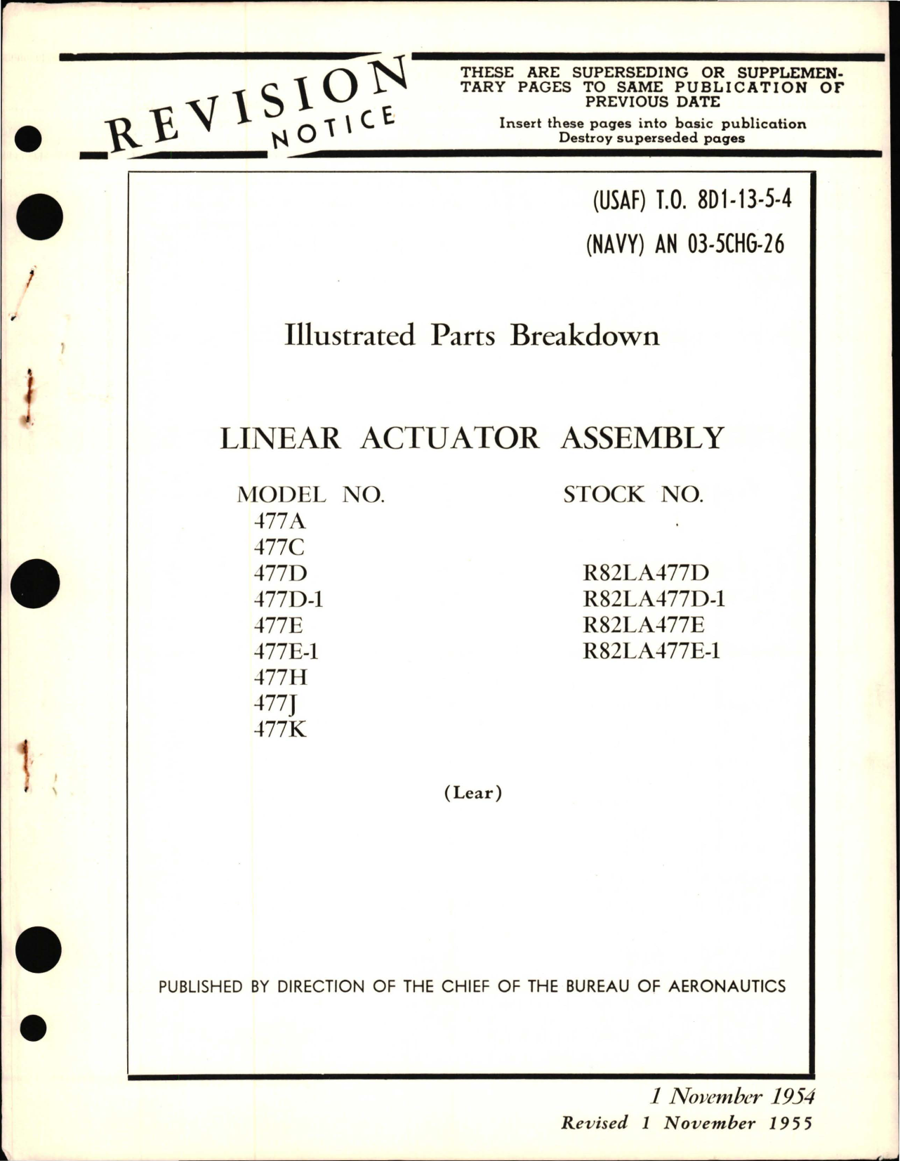 Sample page 1 from AirCorps Library document: Illustrated Parts Breakdown for Linear Actuator Assembly Models 477 