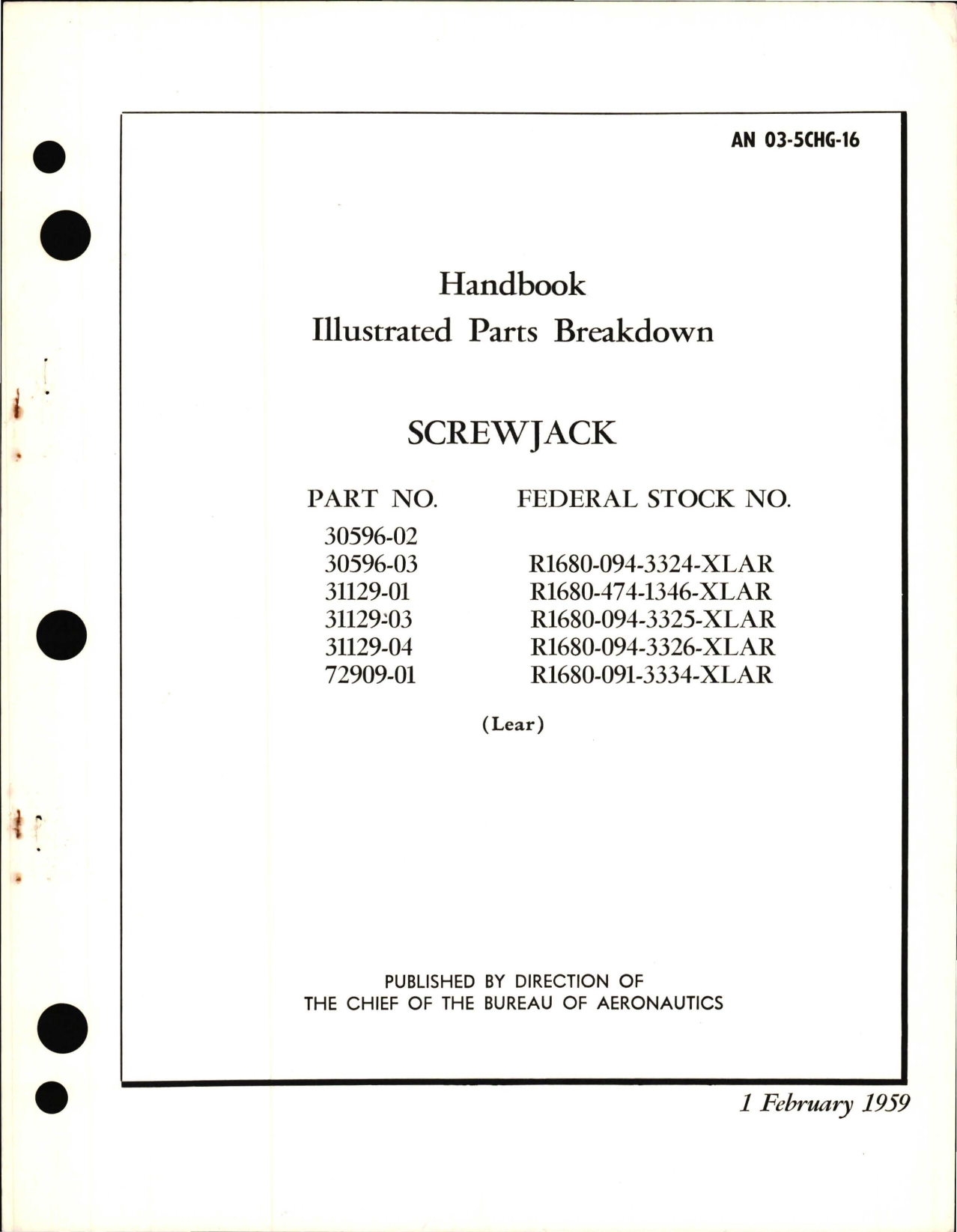 Sample page 1 from AirCorps Library document: Illustrated Parts Breakdown for Screwjack, Parts 30596-02, 30596-03, 31129-01, 31129-03, 31129-04, and 72909-01