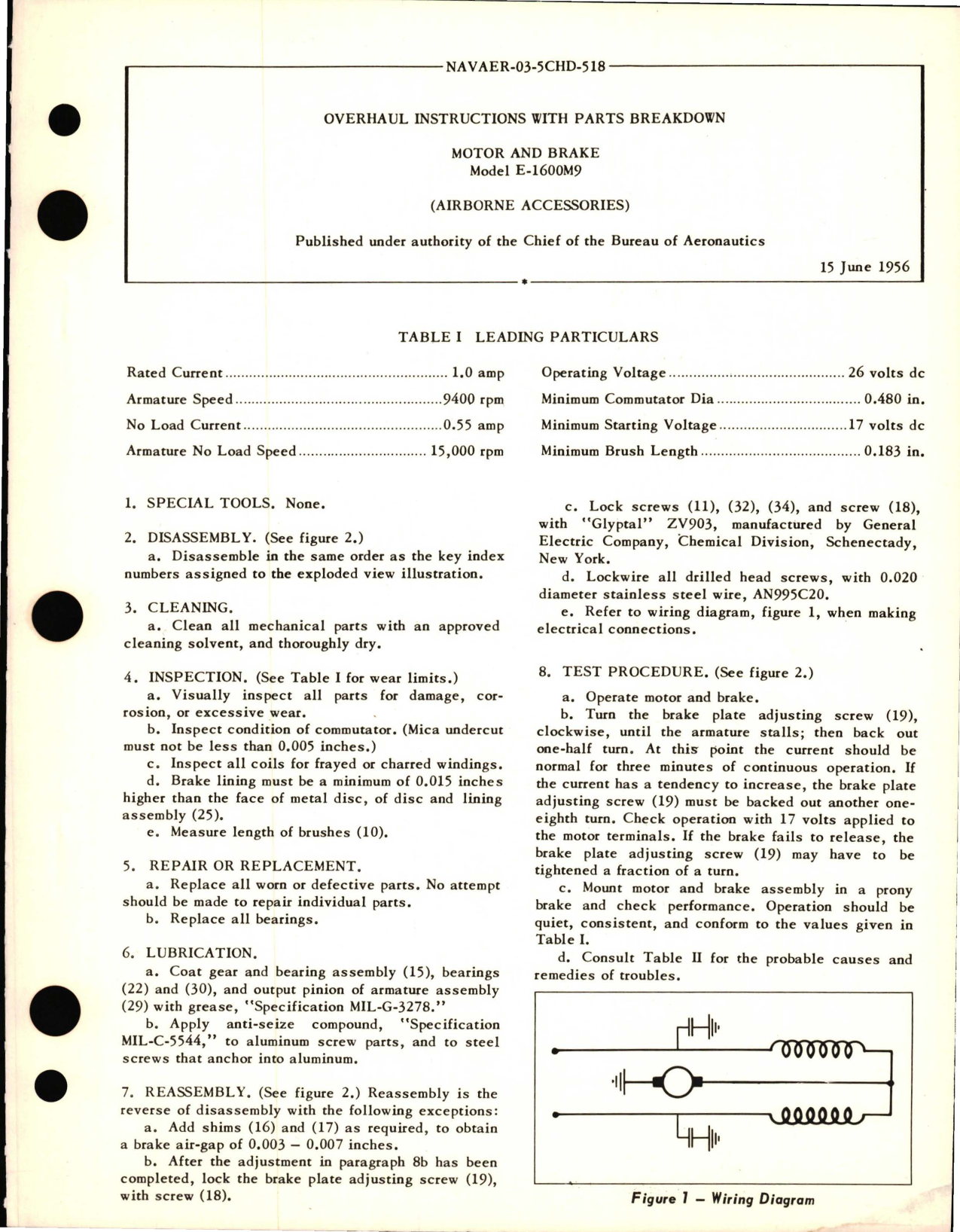 Sample page 1 from AirCorps Library document: Overhaul Instructions with Parts Breakdown for Motor and Brake Model E-1600M9 