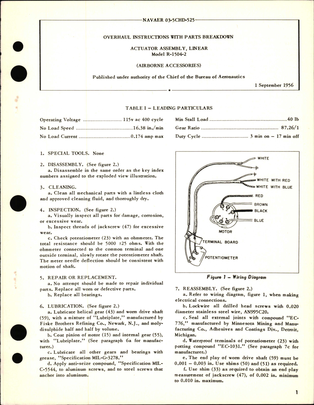 Sample page 1 from AirCorps Library document: Overhaul Instructions with Parts Breakdown for Actuator Assembly, Linear Model R-1504-2